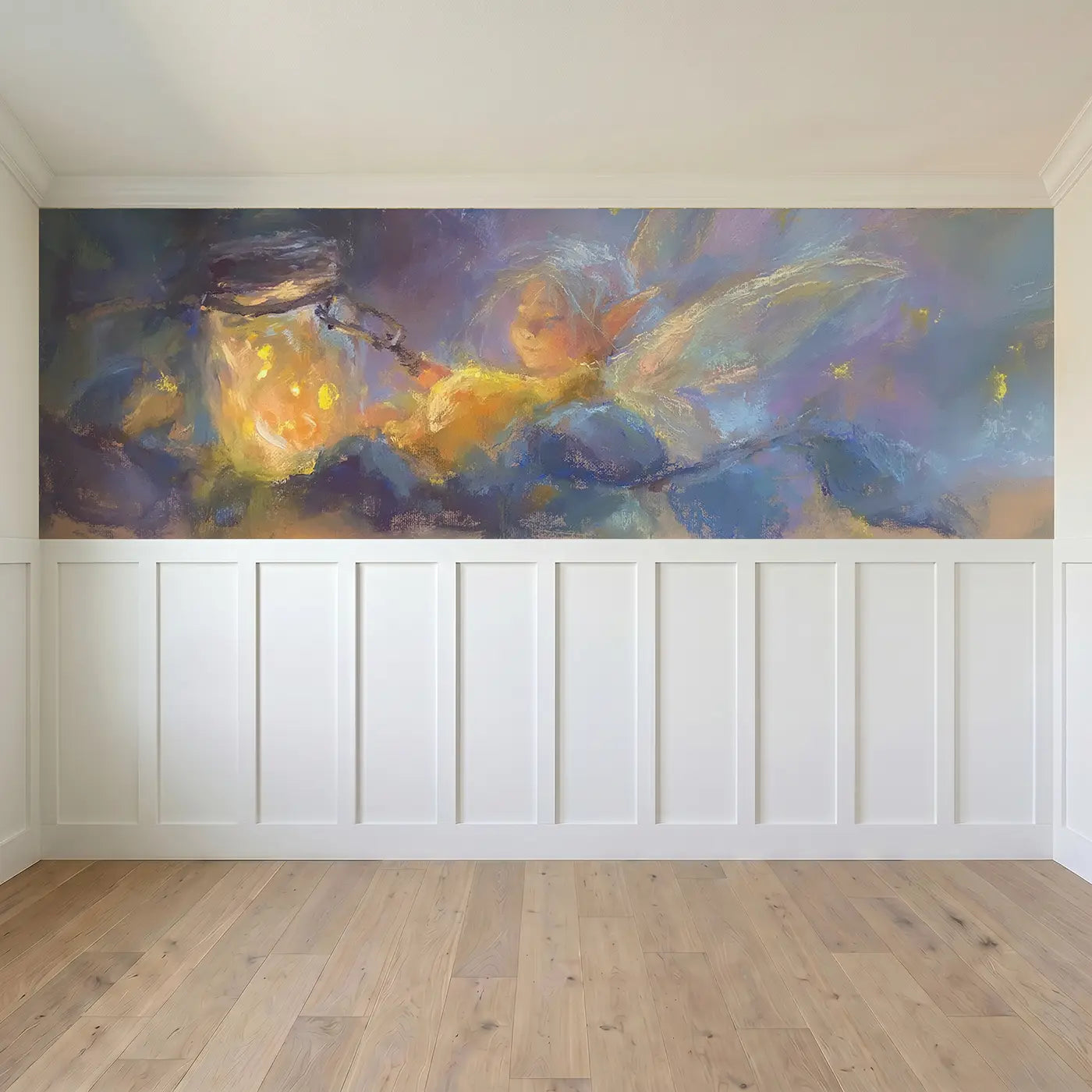 Full panel view of Chalk Fairy Firefly Jar Glow Wainscoting Wallpaper by Whimsy Tots