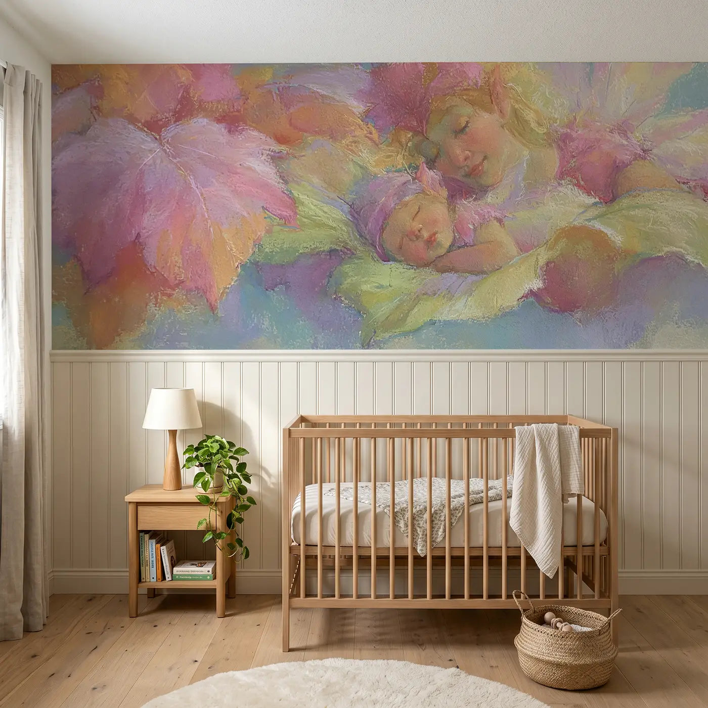 Soft Pastel fairy baby cradle leaf wainscoting wallpaper for nursery by Whimsy Tots