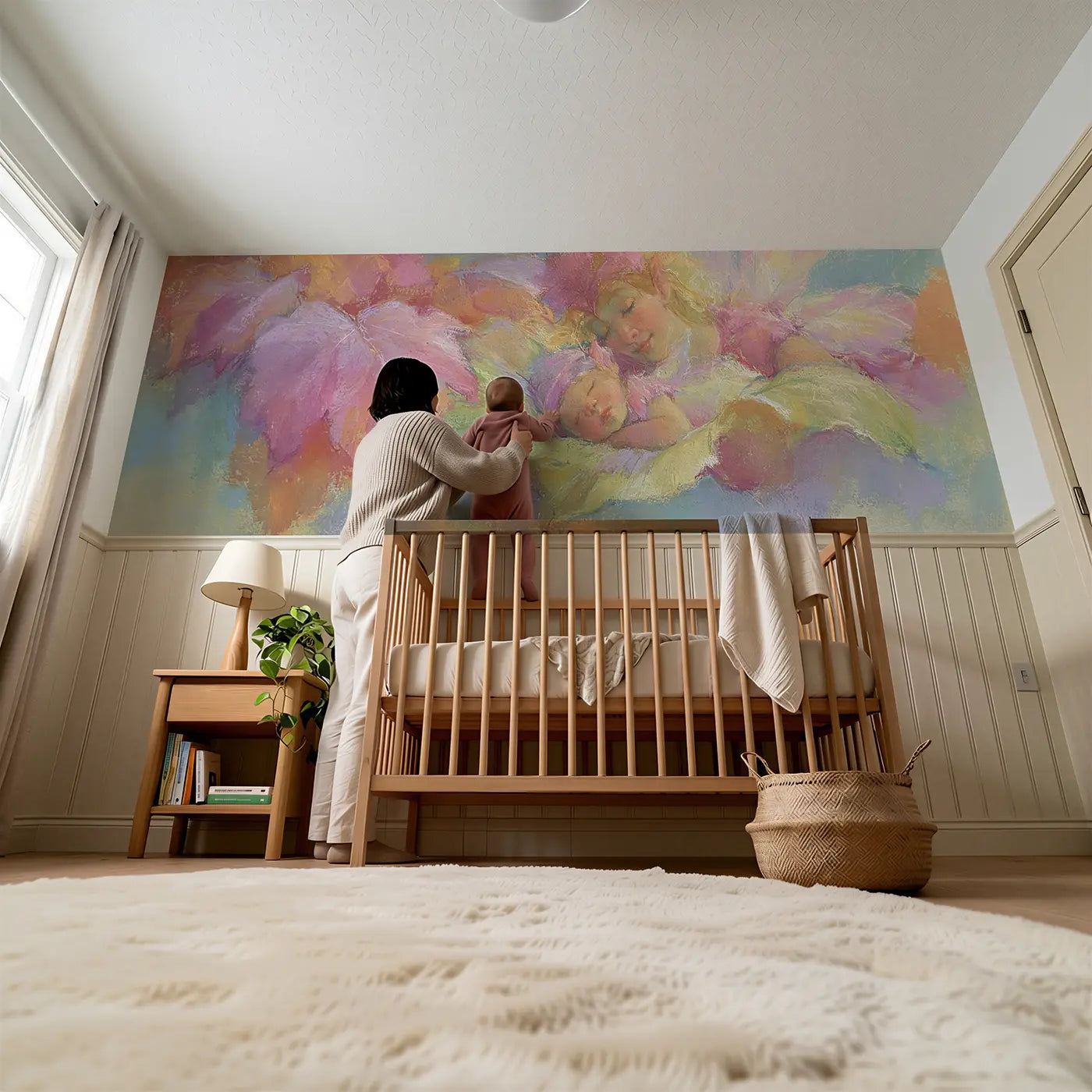 Child reading near Pastel Fairy Baby Cradle Leaf Wainscoting Wallpaper by Whimsy Tots