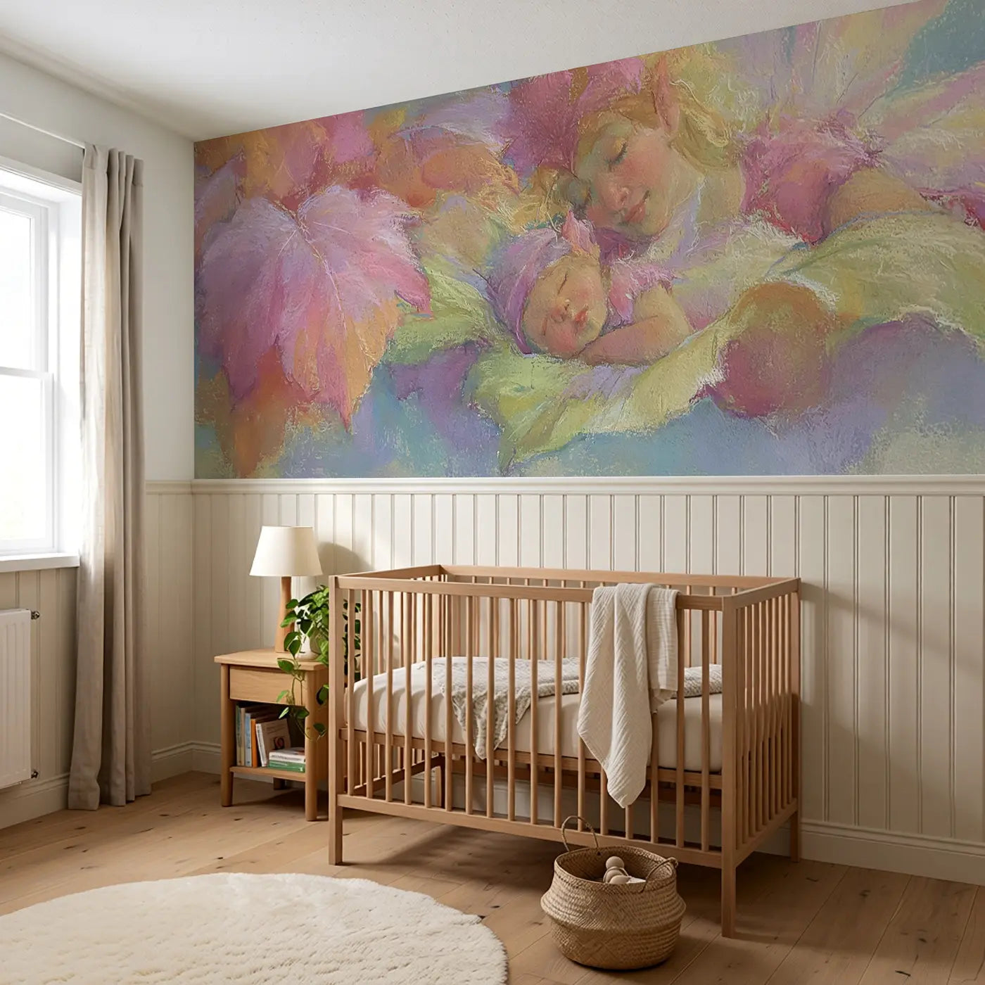 Pastel Fairy Baby Cradle Leaf Wainscoting Wallpaper styled in a kids bedroom by Whimsy Tots