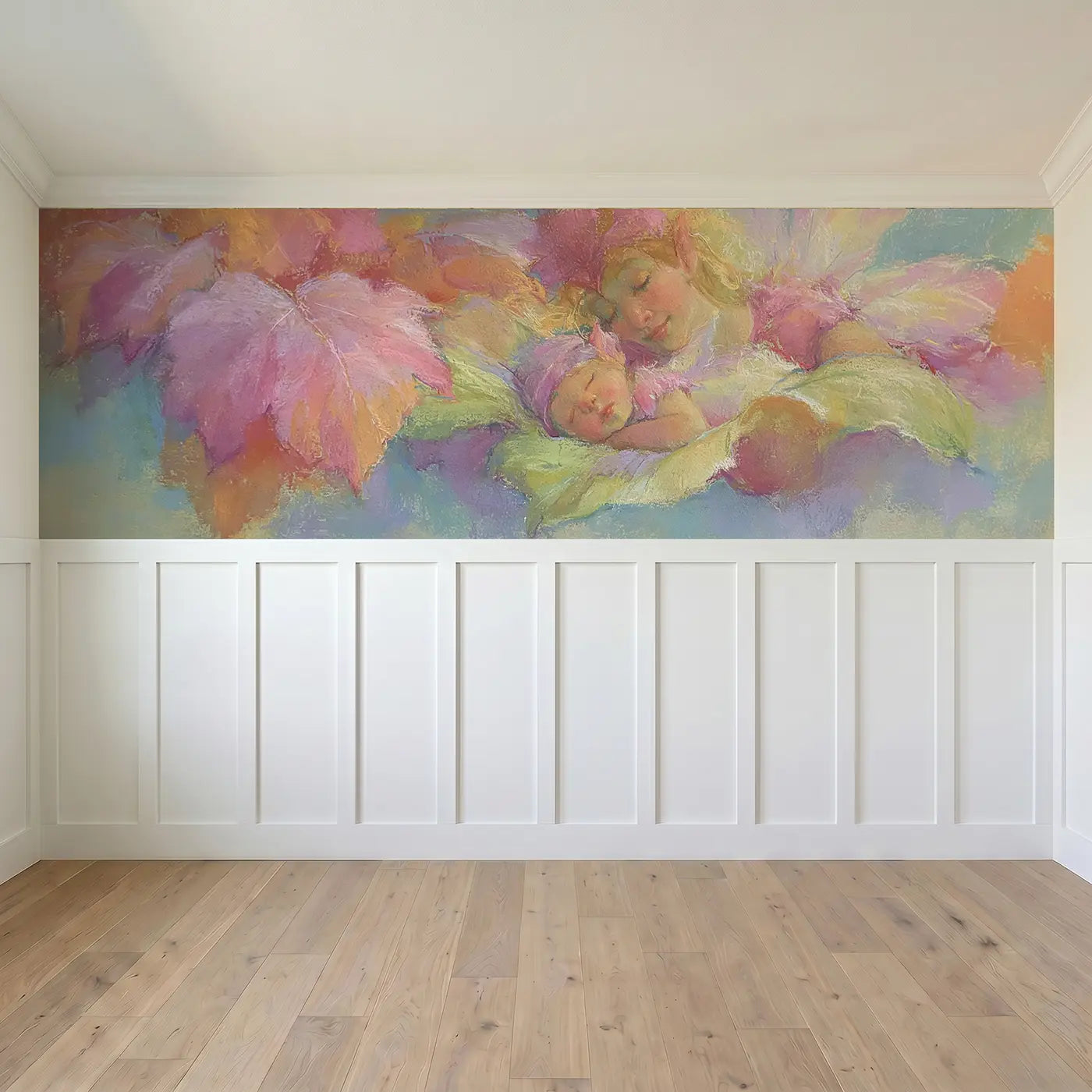 Full panel view of Pastel Fairy Baby Cradle Leaf Wainscoting Wallpaper by Whimsy Tots
