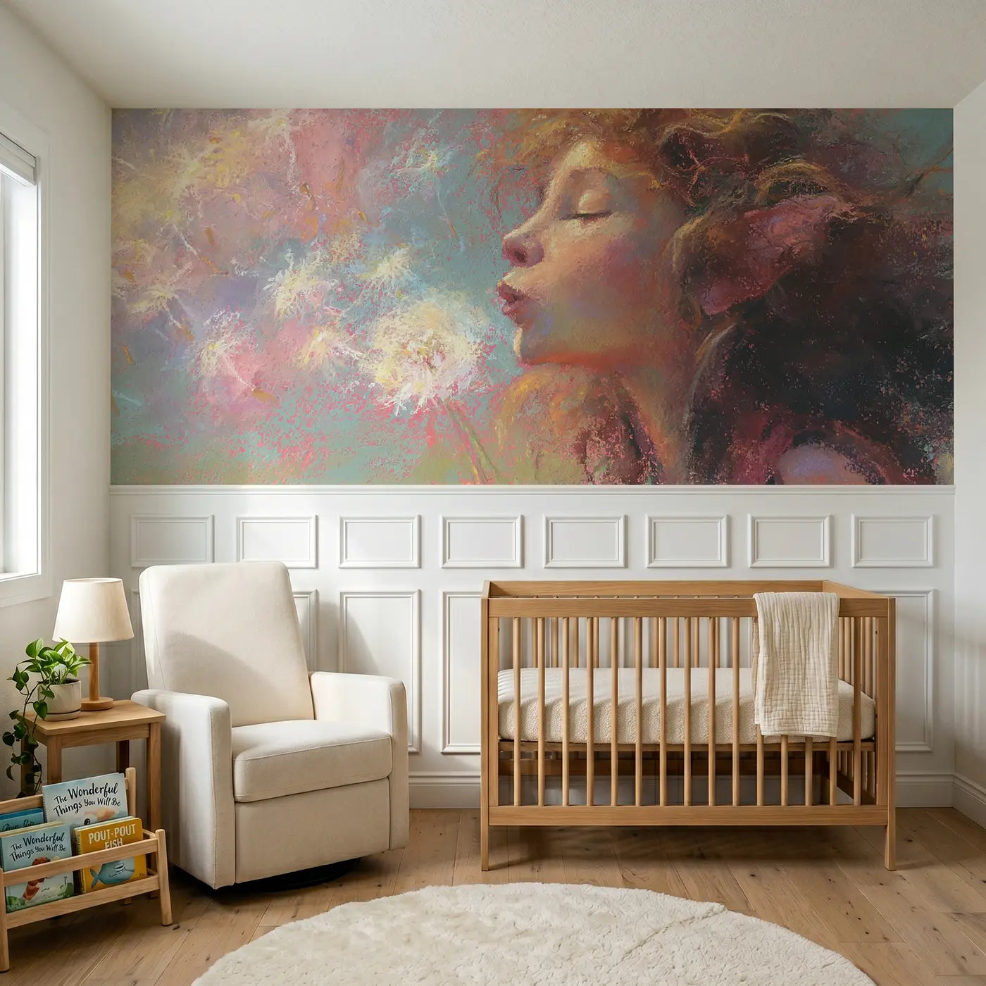 Soft Pastel fairy dandelion wish wainscoting wallpaper for nursery by Whimsy Tots