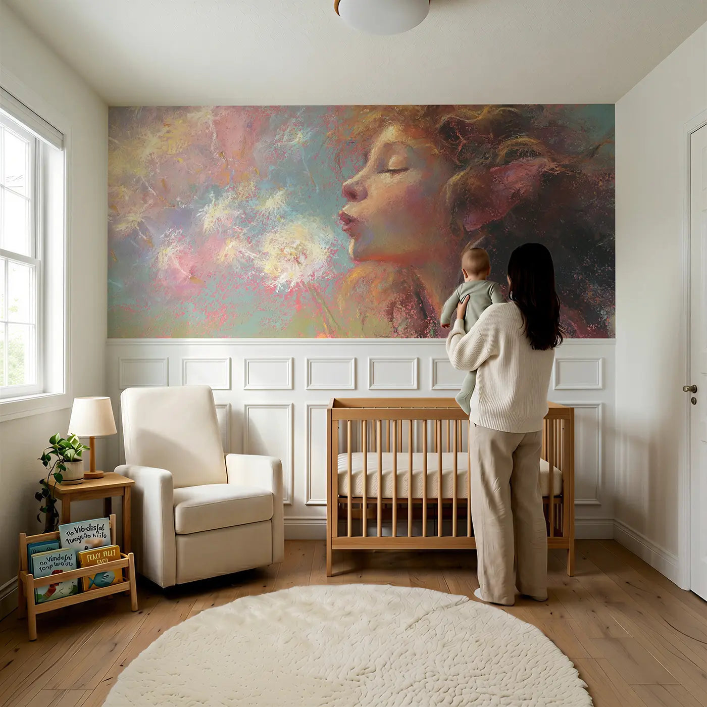 Child reading near Fuzzy Fairy Dandelion Wish Wainscoting Wallpaper by Whimsy Tots