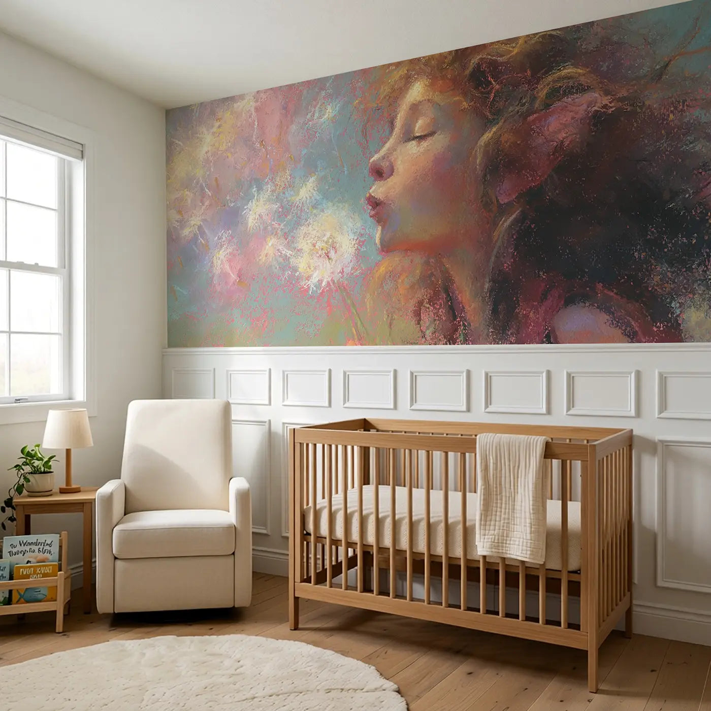 Fuzzy Fairy Dandelion Wish Wainscoting Wallpaper styled in a kids bedroom by Whimsy Tots