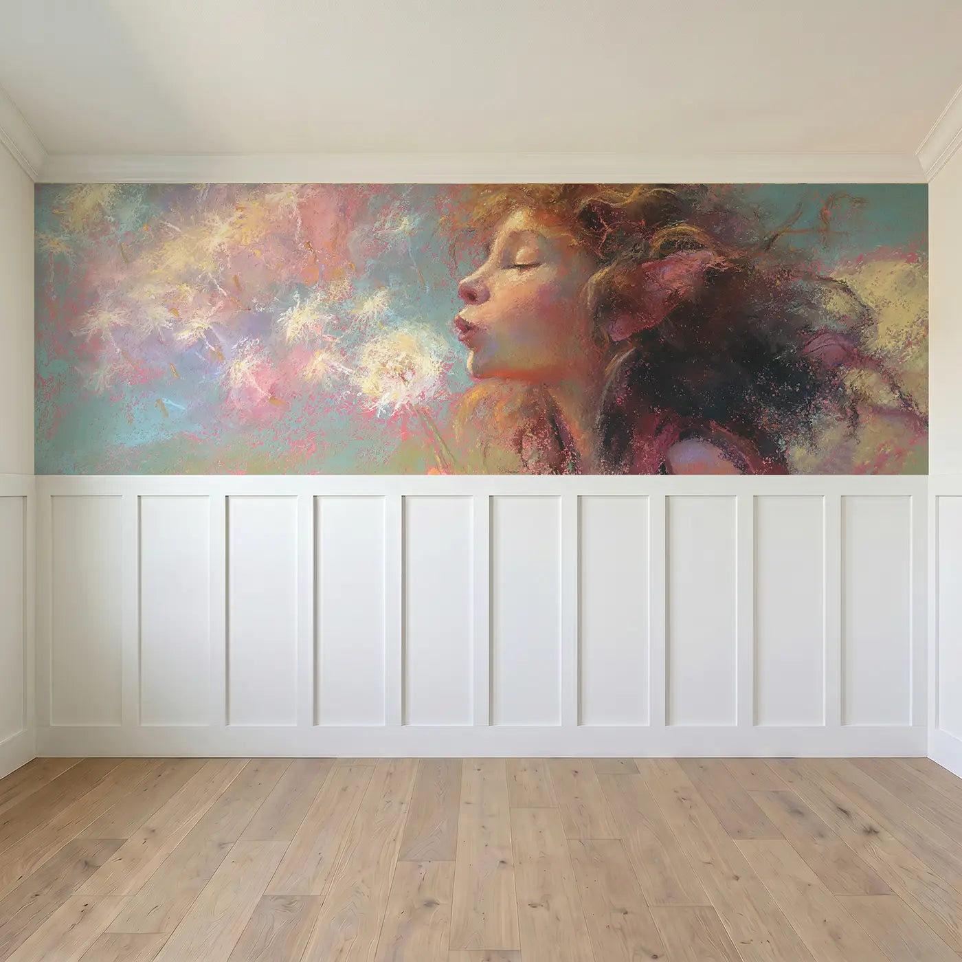 Full panel view of Fuzzy Fairy Dandelion Wish Wainscoting Wallpaper by Whimsy Tots
