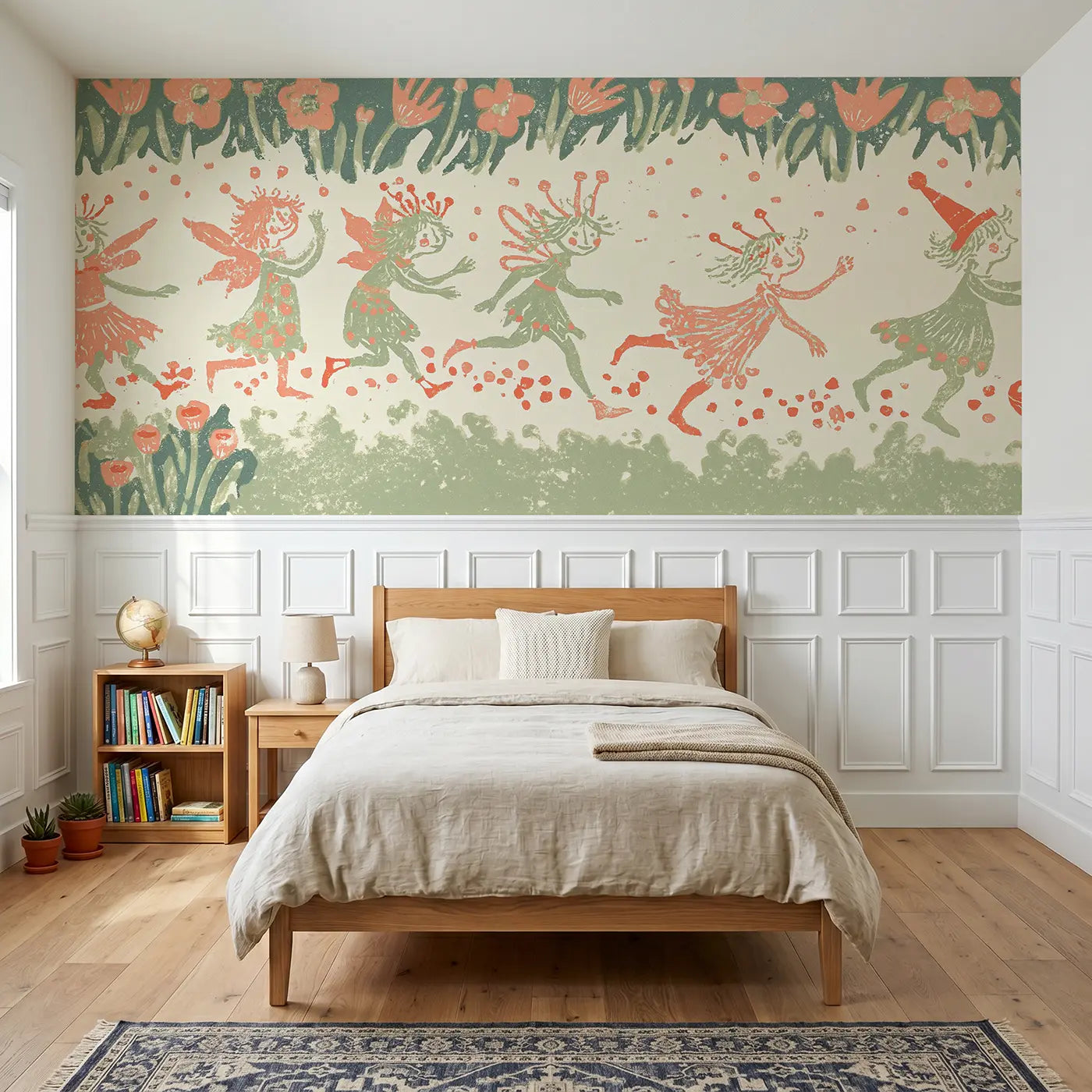 Block Print fairy mushroom ring wainscoting wallpaper for bedroom by Whimsy Tots