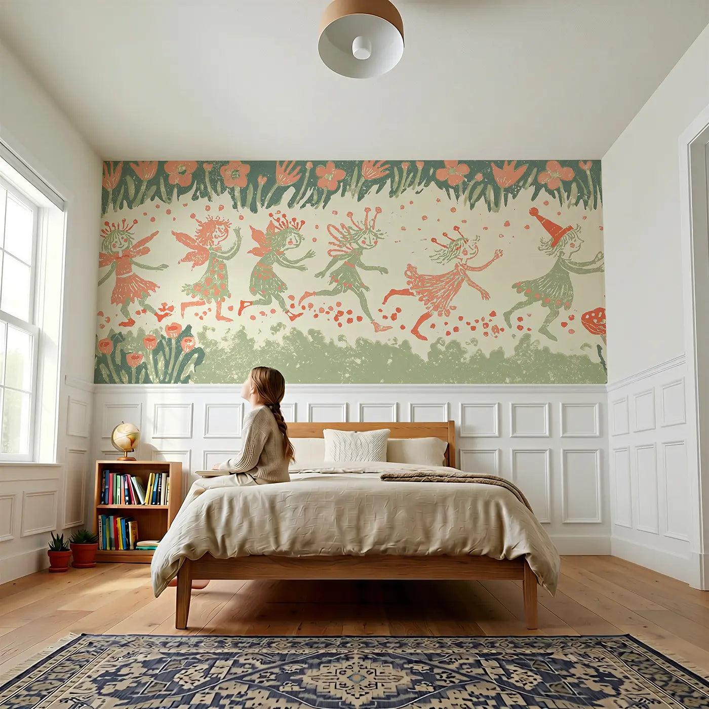 Child reading near Carved Fairy Mushroom Ring Wainscoting Wallpaper by Whimsy Tots