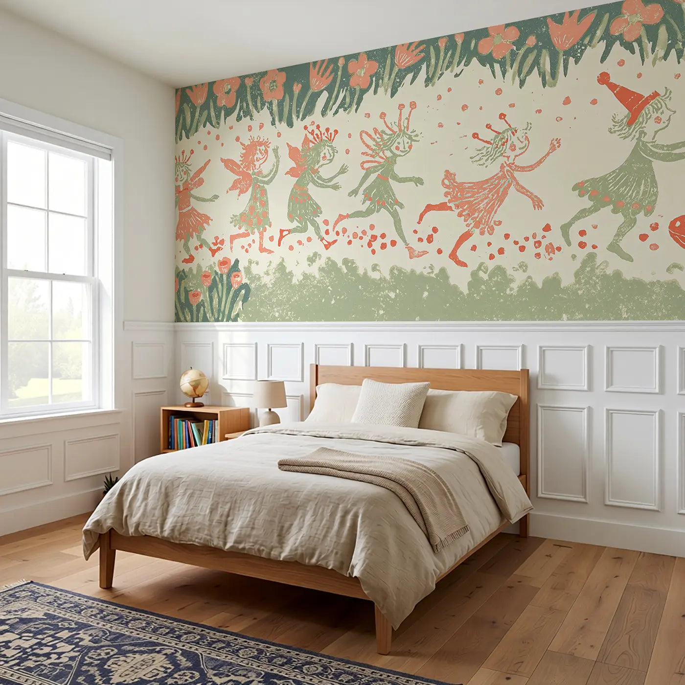 Carved Fairy Mushroom Ring Wainscoting Wallpaper styled in a kids bedroom by Whimsy Tots