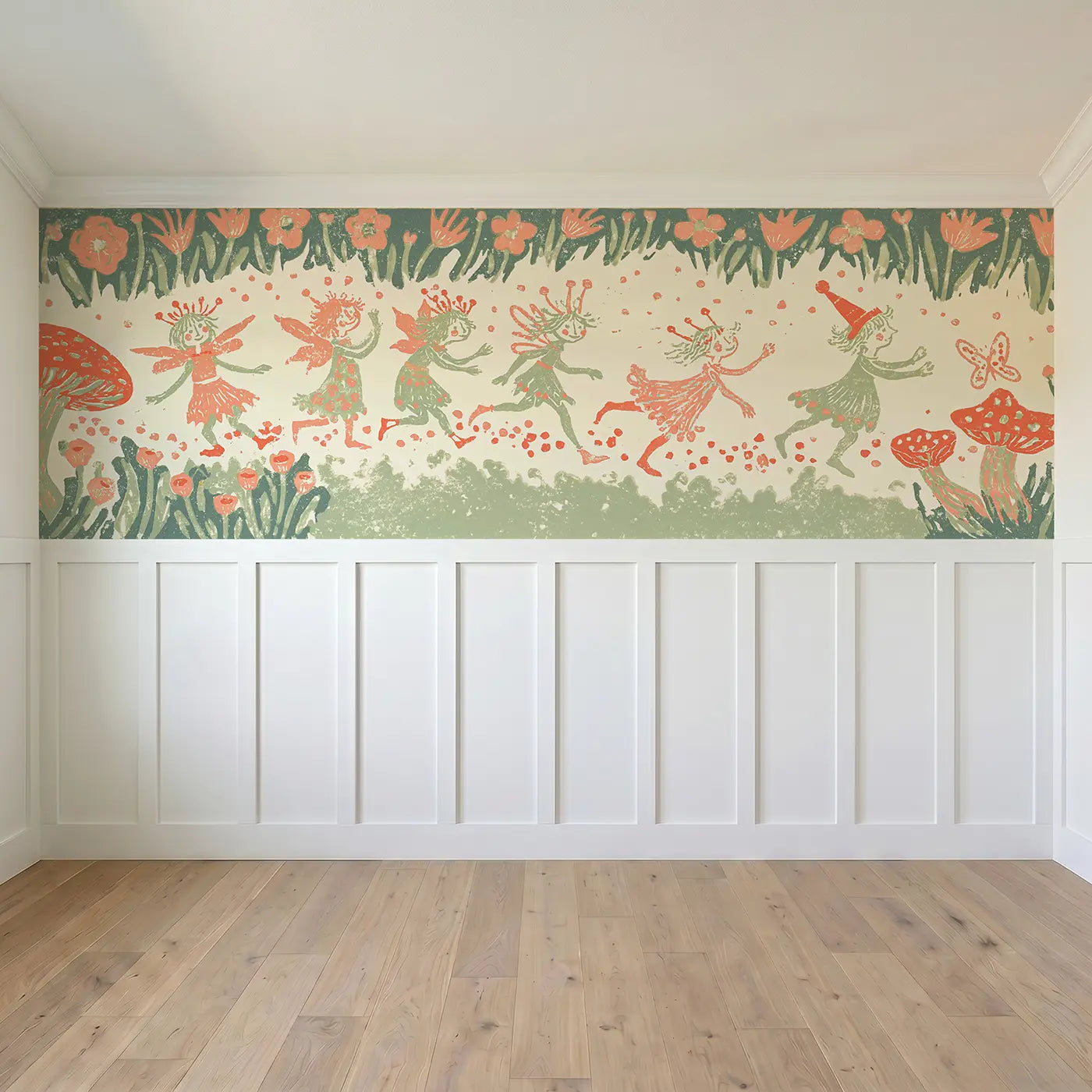 Full panel view of Carved Fairy Mushroom Ring Wainscoting Wallpaper by Whimsy Tots