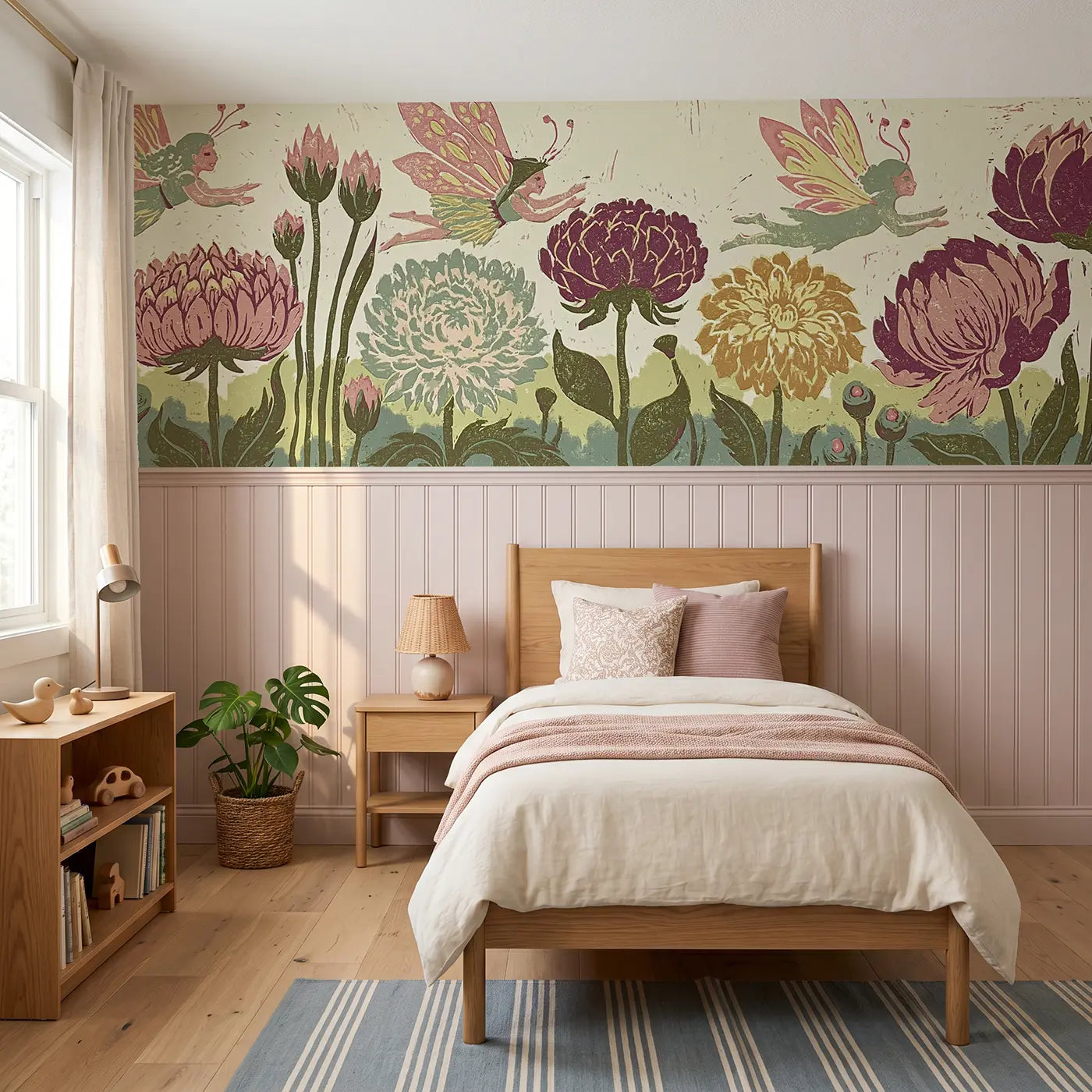 Block Print fairy flower band wainscoting wallpaper for bedroom by Whimsy Tots