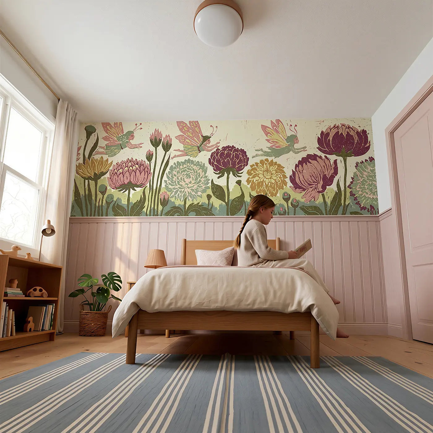 Child reading near Block Print Fairy Flower Band Wainscoting Wallpaper by Whimsy Tots