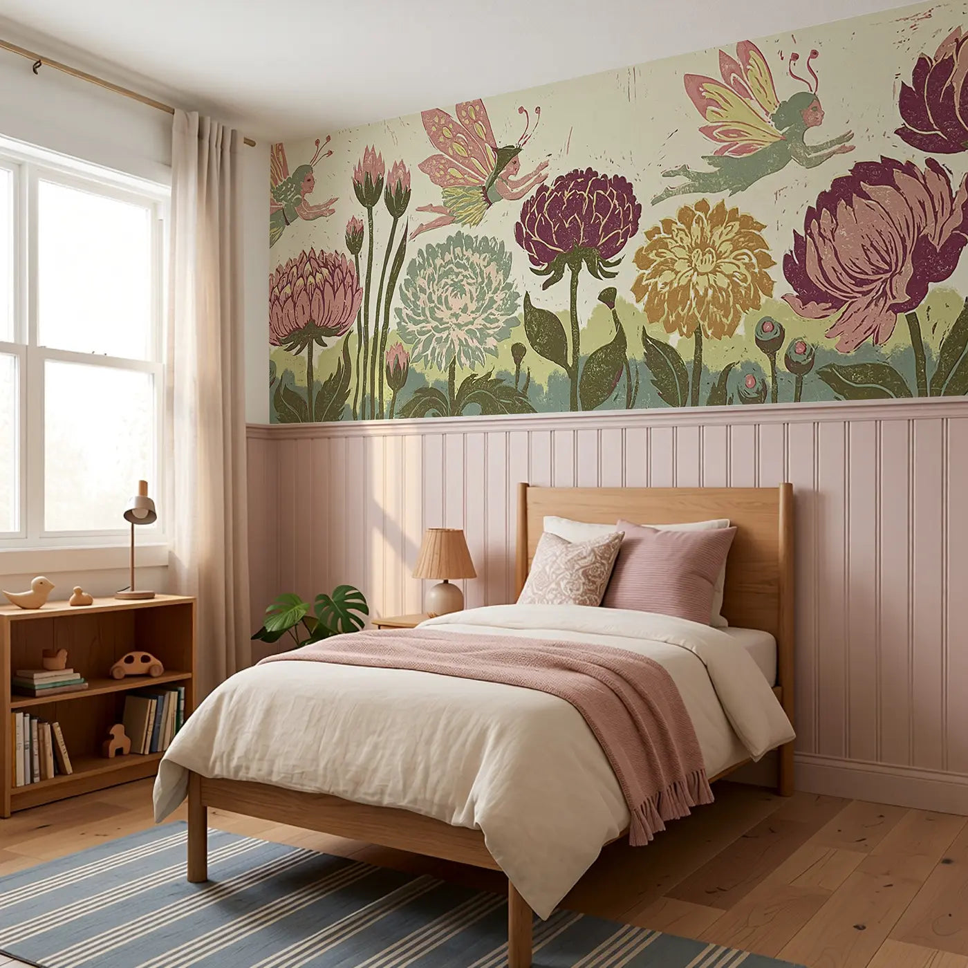 Block Print Fairy Flower Band Wainscoting Wallpaper styled in a kids bedroom by Whimsy Tots