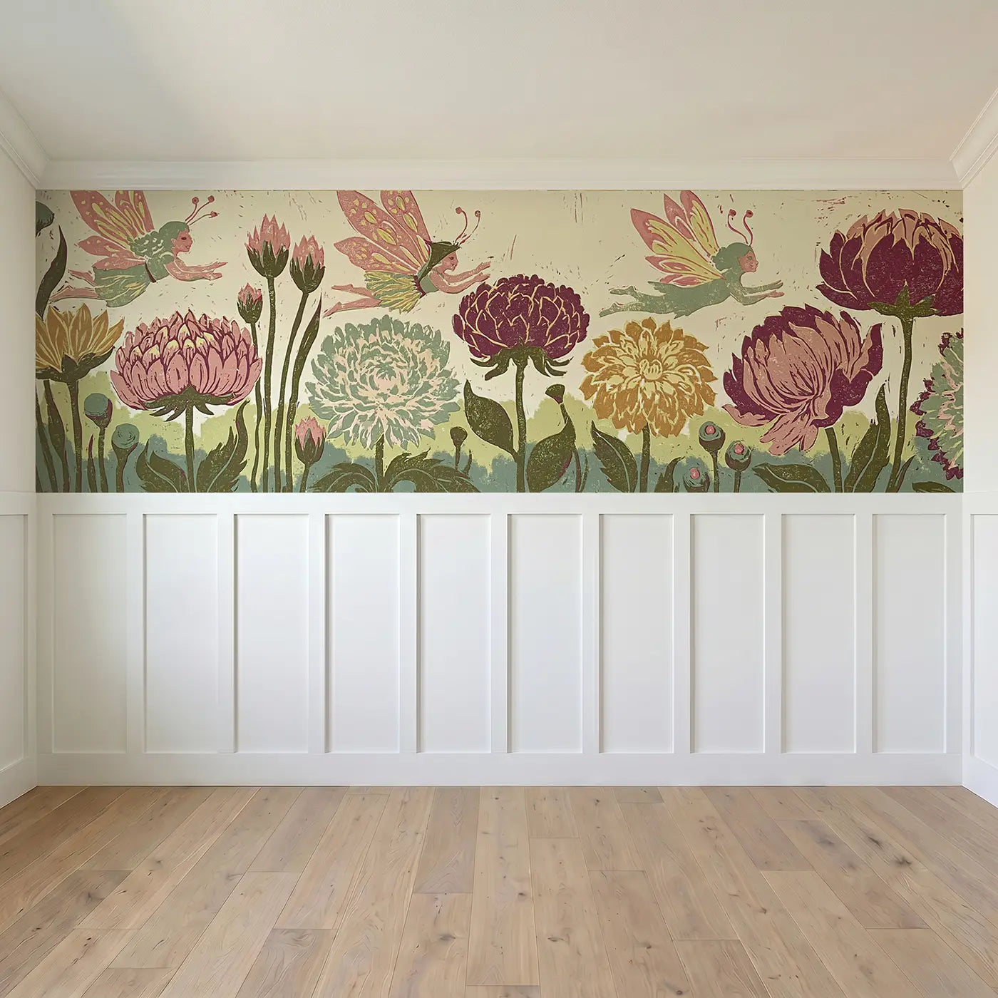 Full panel view of Block Print Fairy Flower Band Wainscoting Wallpaper by Whimsy Tots