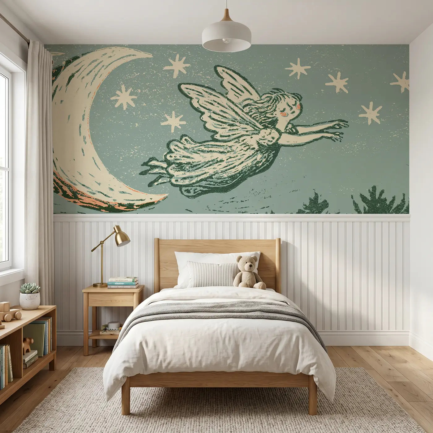 Carved Fairy Moon Glow Night Wainscoting Wallpaper