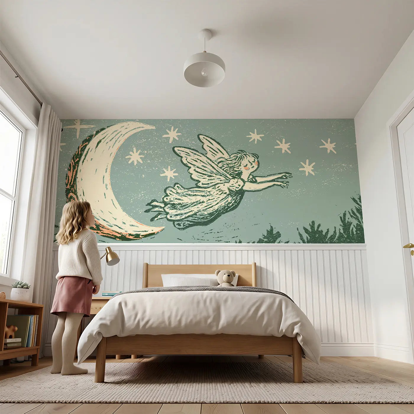 Carved Fairy Moon Glow Night Wainscoting Wallpaper
