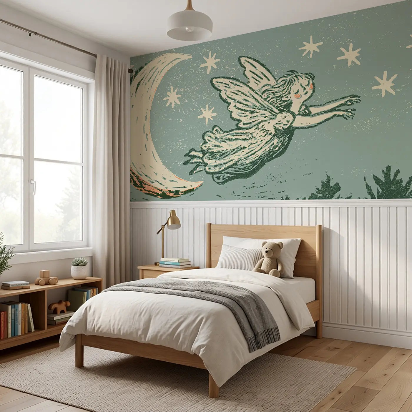 Carved Fairy Moon Glow Night Wainscoting Wallpaper