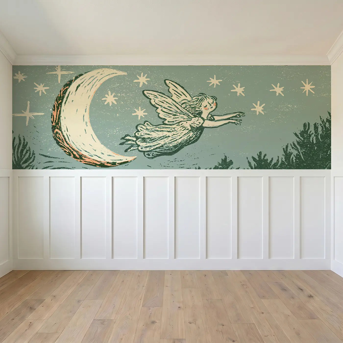 Carved Fairy Moon Glow Night Wainscoting Wallpaper