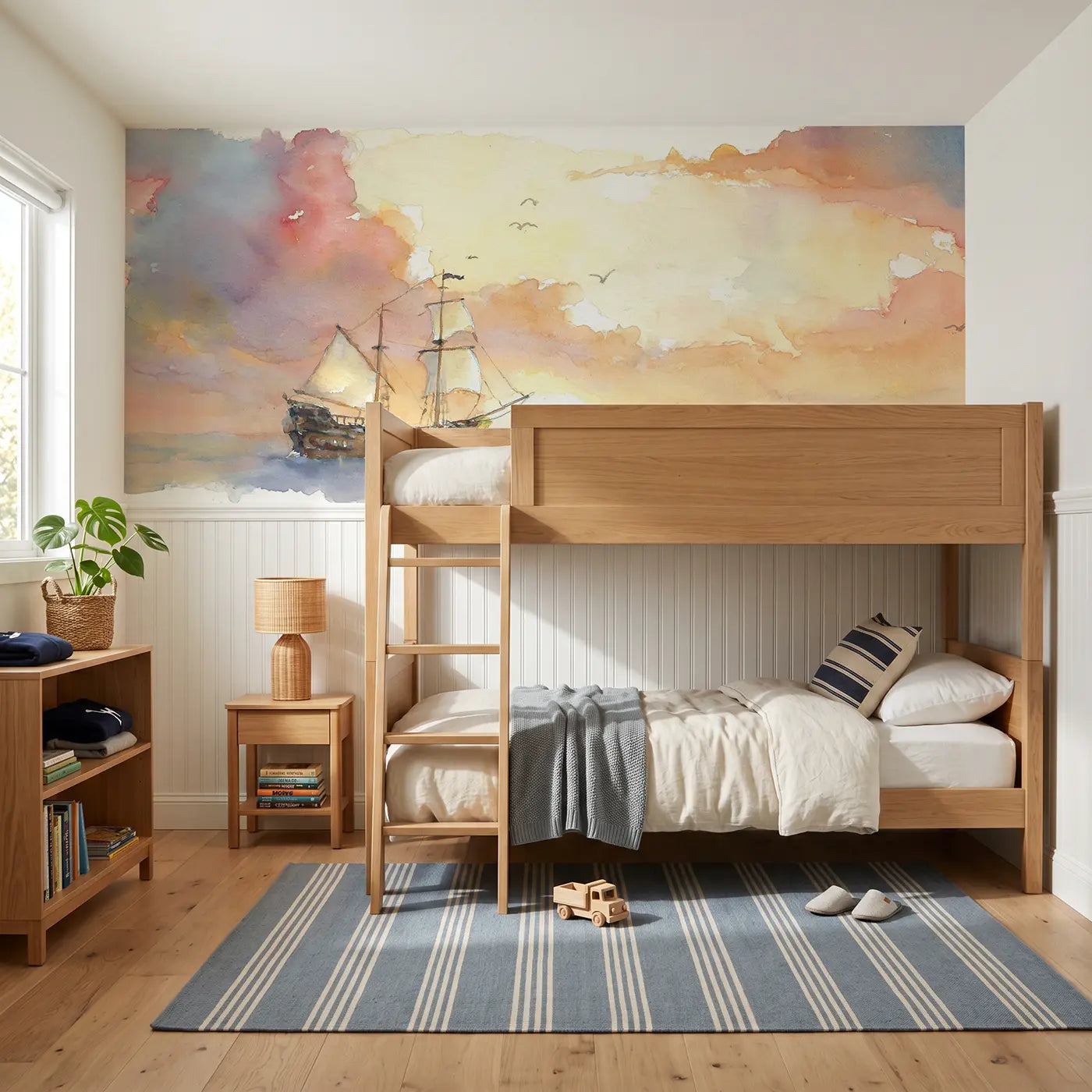Watercolor pirate ship sunrise horizon wainscoting wallpaper for bedroom by Whimsy Tots.