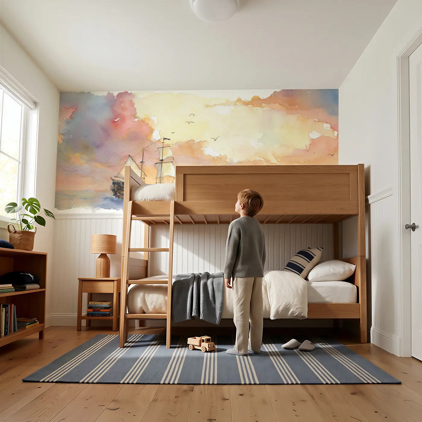 Child reading near Pirate Ship Sunrise Horizon Wainscoting Wallpaper by Whimsy Tots
