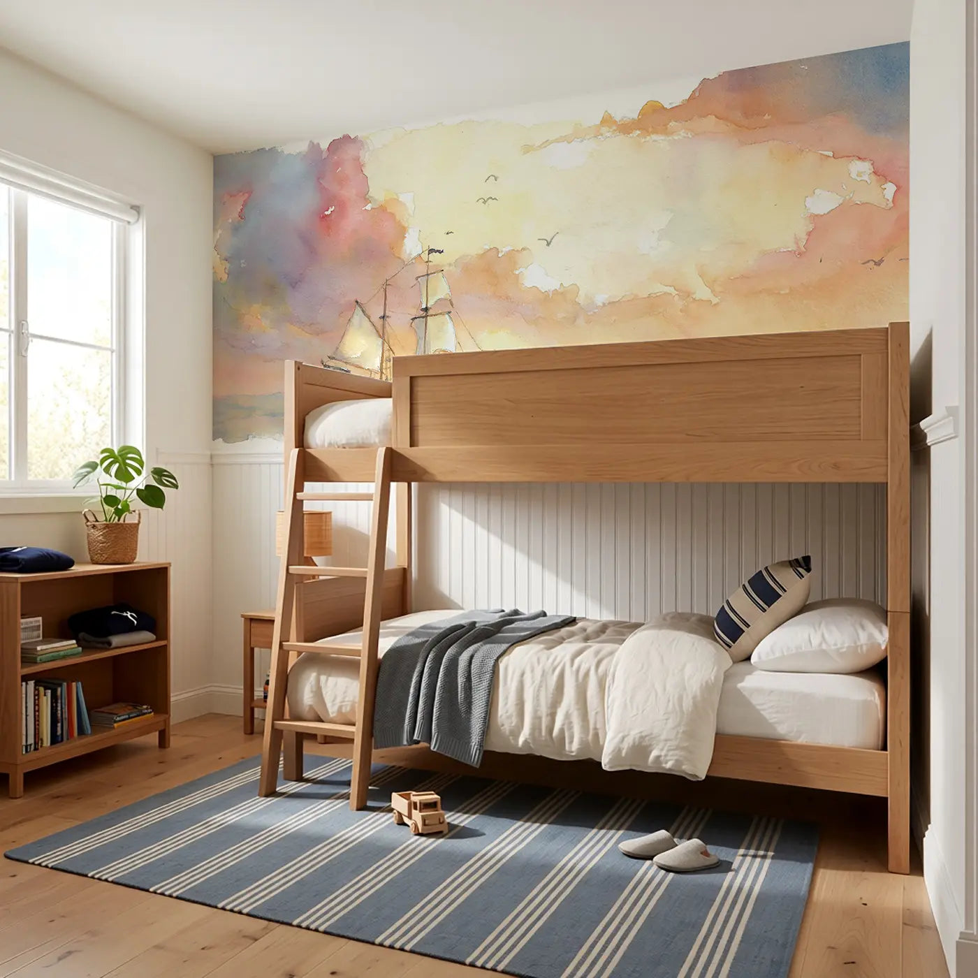 Pirate Ship Sunrise Horizon Wainscoting Wallpaper styled in a kids bedroom by Whimsy Tots