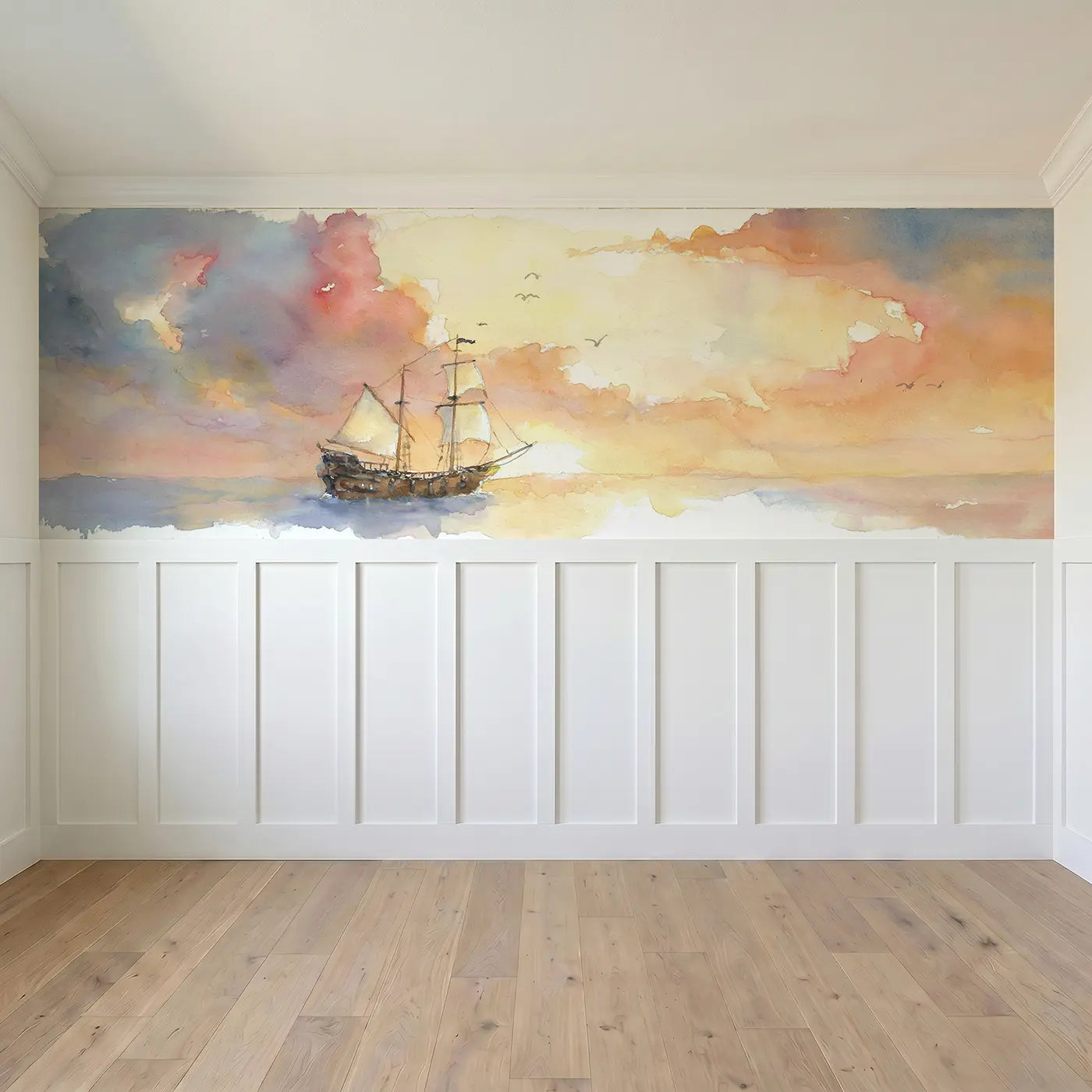 Full panel view of Pirate Ship Sunrise Horizon Wainscoting Wallpaper by Whimsy Tots