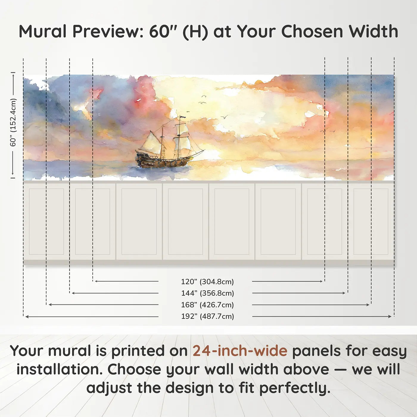 Panel dimensions for Pirate Ship Sunrise Horizon Wainscoting Wallpaper by Whimsy Tots