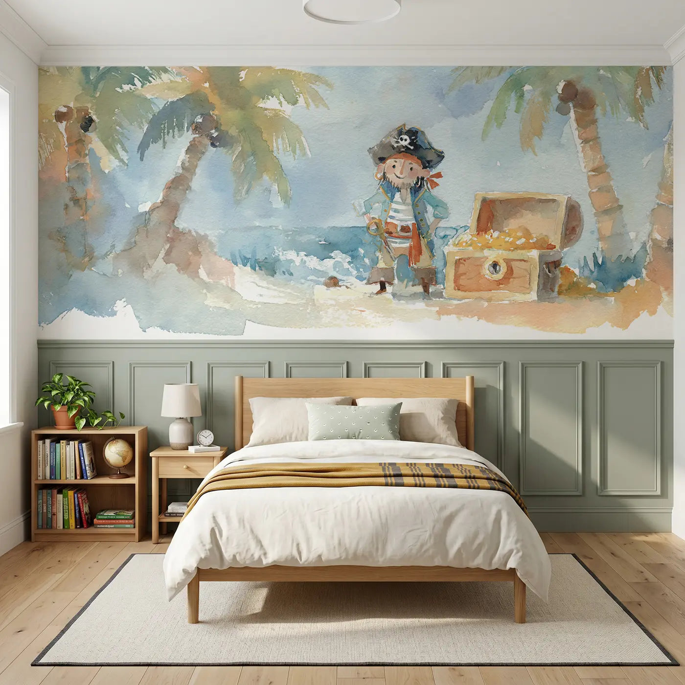 Watercolor pirate cove treasure chest wainscoting wallpaper for bedroom by Whimsy Tots.
