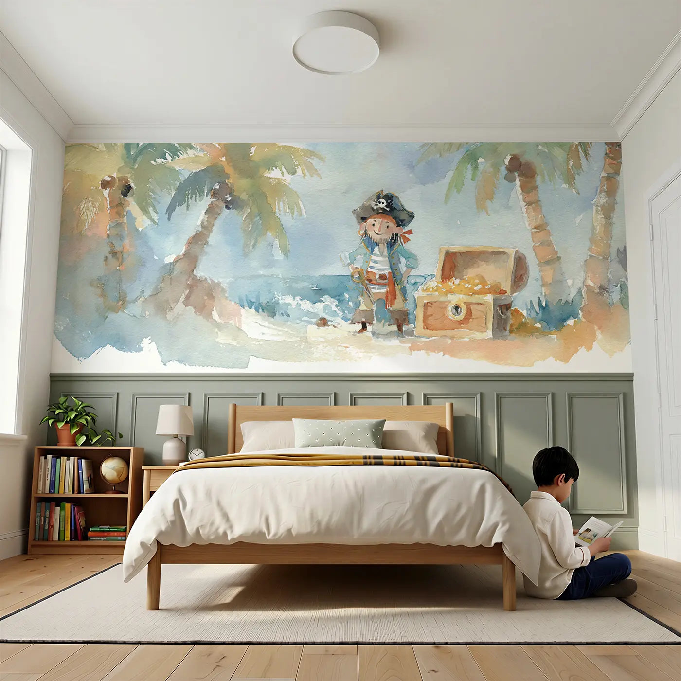 Child reading near Pirate Cove Treasure Chest Wainscoting Wallpaper by Whimsy Tots