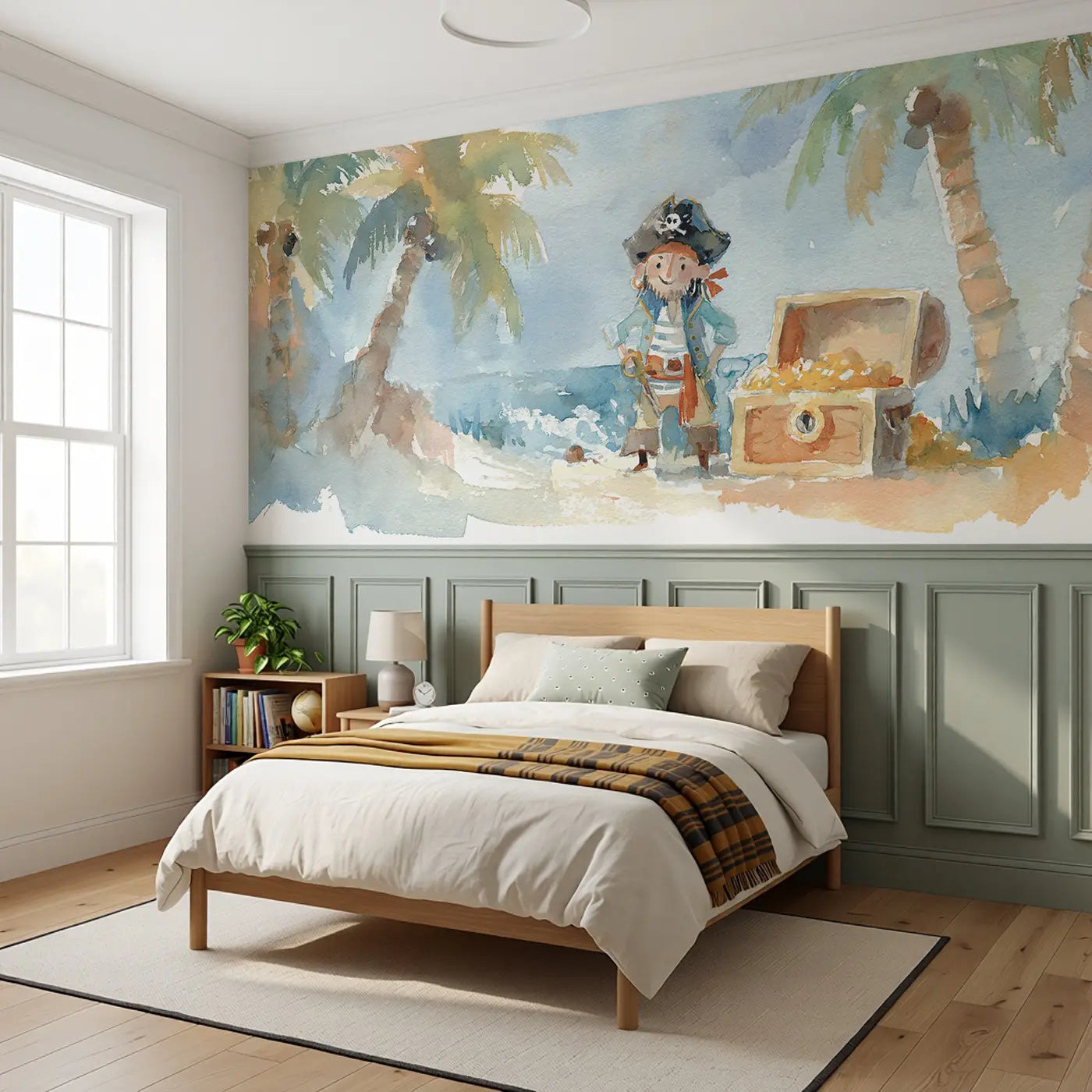 Pirate Cove Treasure Chest Wainscoting Wallpaper styled in a kids bedroom by Whimsy Tots