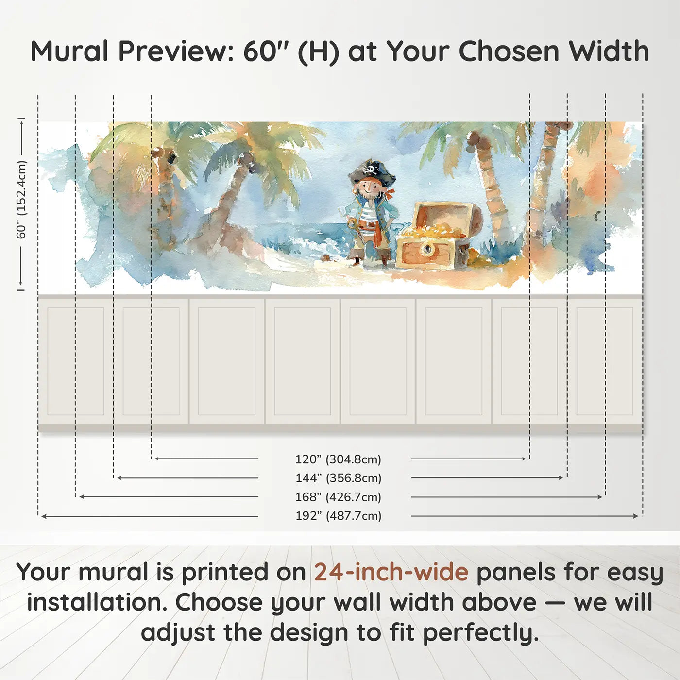 Panel dimensions for Pirate Cove Treasure Chest Wainscoting Wallpaper by Whimsy Tots