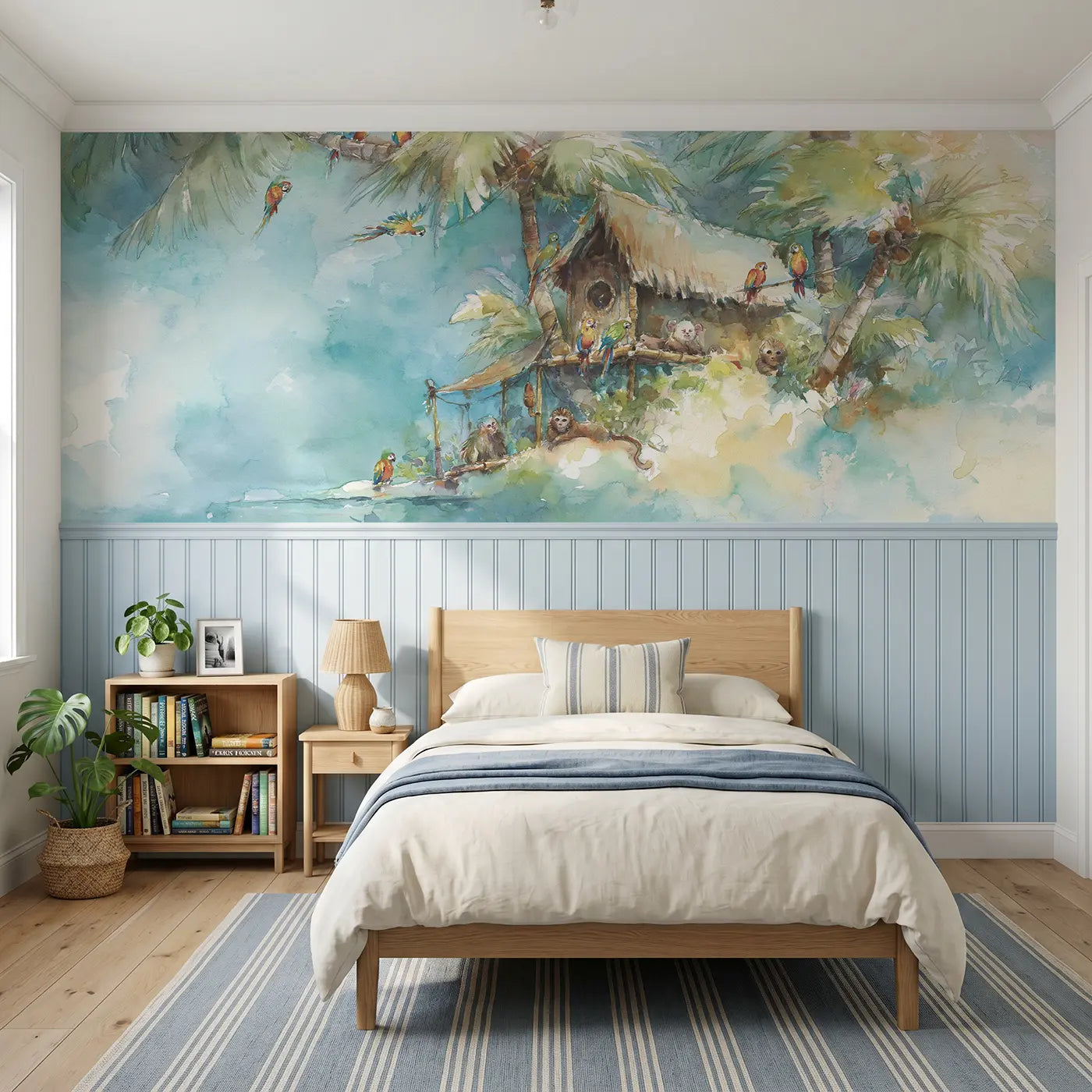 Watercolor pirate island palm paradise wainscoting wallpaper for bedroom by Whimsy Tots.
