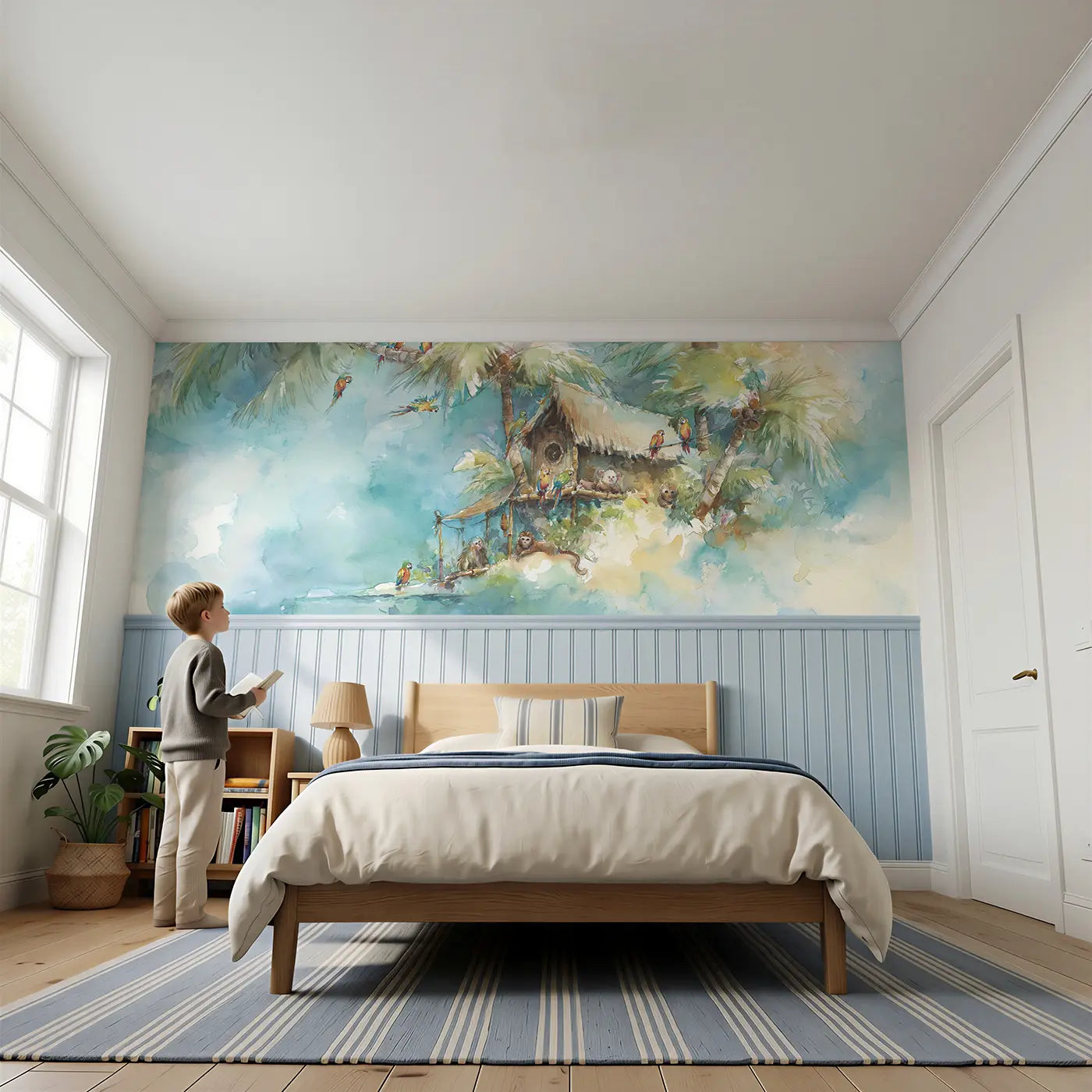 Child reading near Pirate Island Palm Paradise Wainscoting Wallpaper by Whimsy Tots
