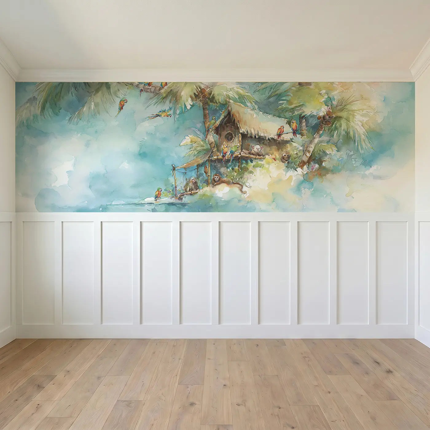 Full panel view of Pirate Island Palm Paradise Wainscoting Wallpaper by Whimsy Tots