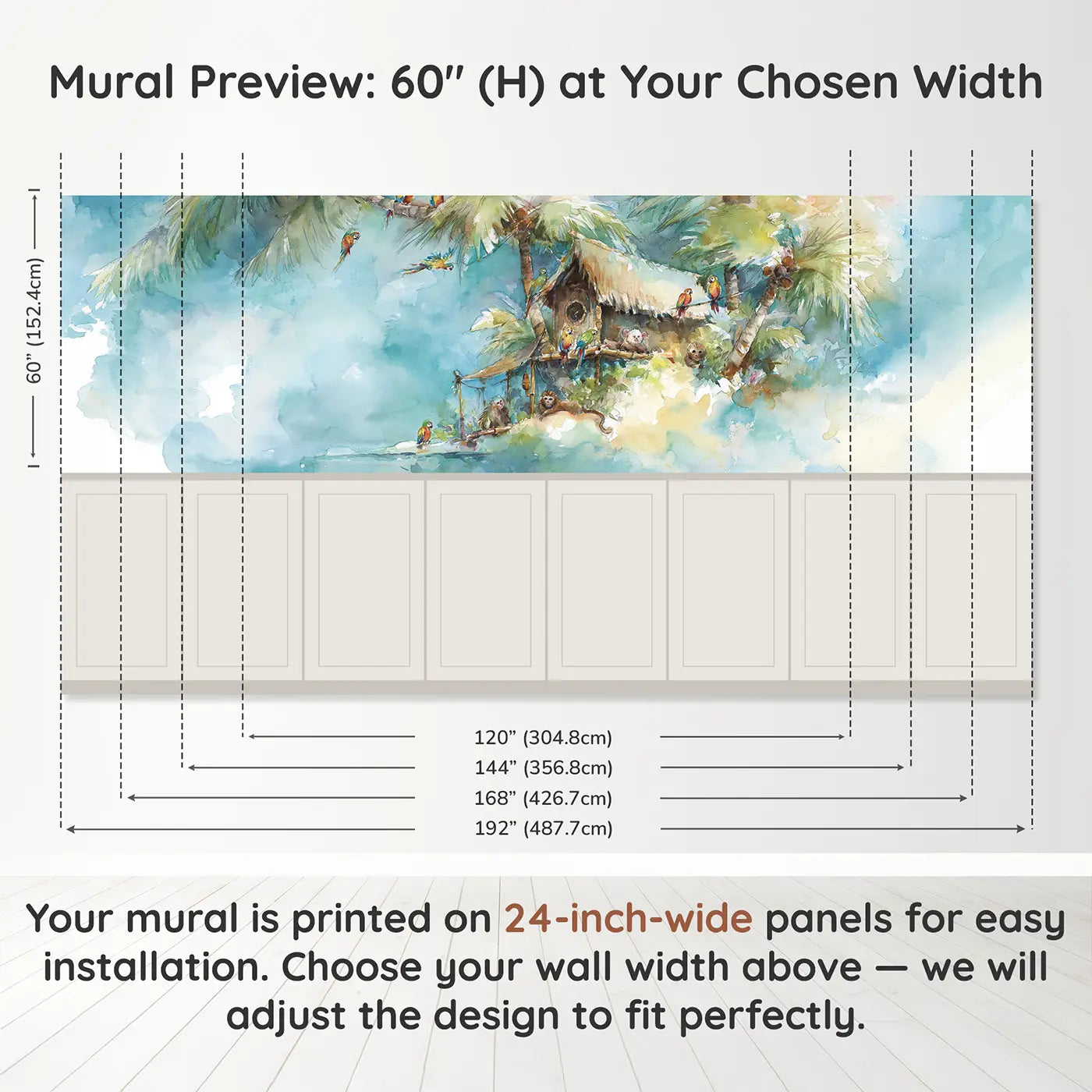 Panel dimensions for Pirate Island Palm Paradise Wainscoting Wallpaper by Whimsy Tots