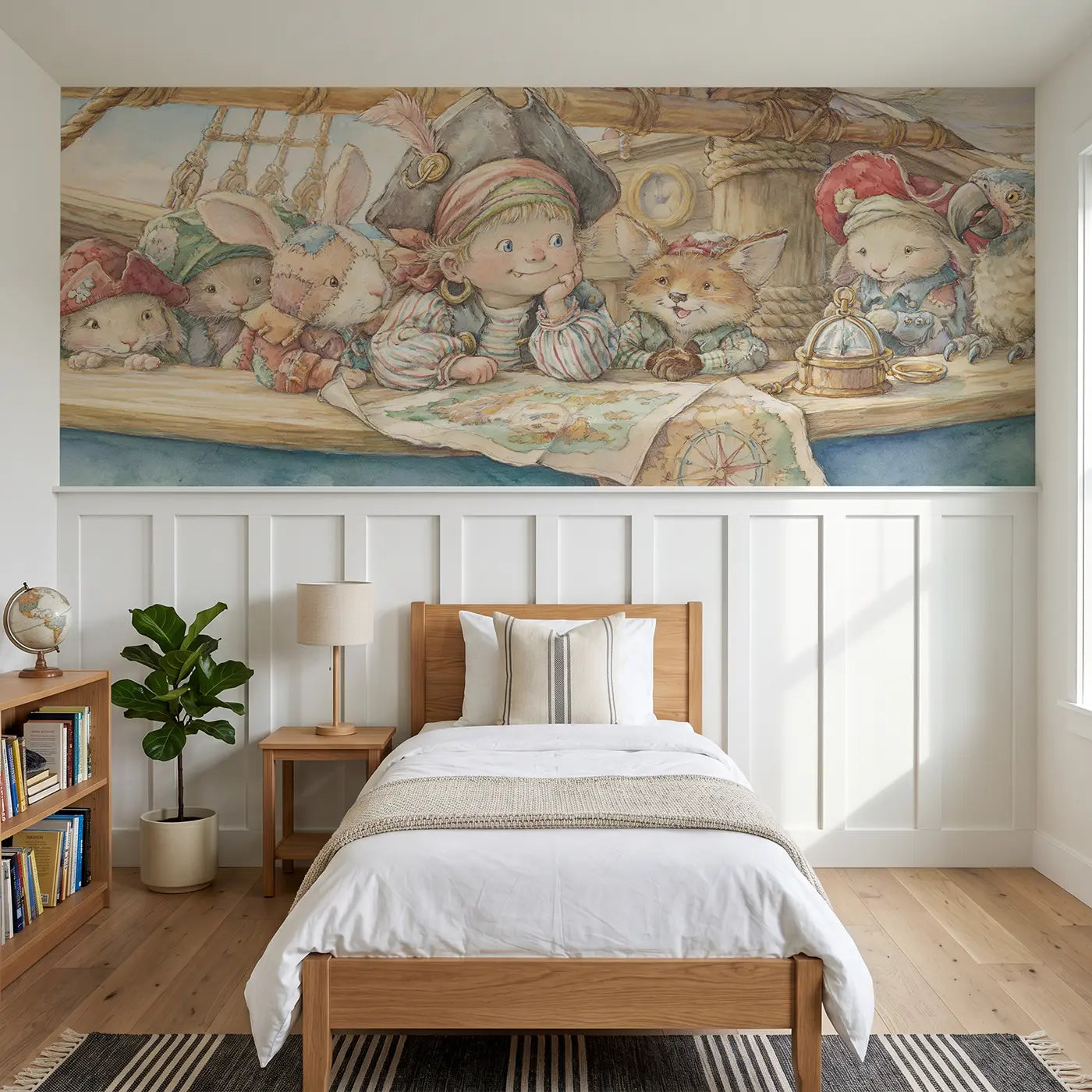 Storybook pirate captain friendly crew wainscoting wallpaper for bedroom by Whimsy Tots.