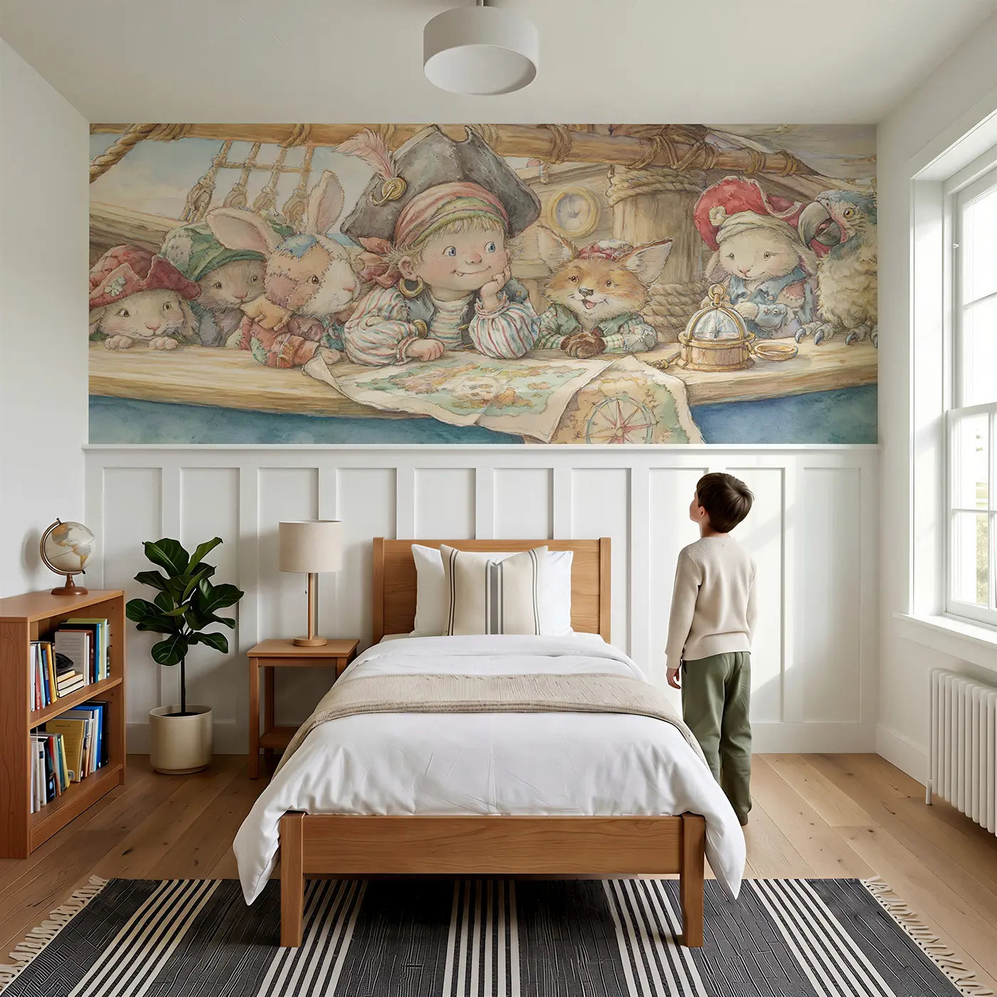 Child reading near Pirate Captain Friendly Crew Wainscoting Wallpaper by Whimsy Tots