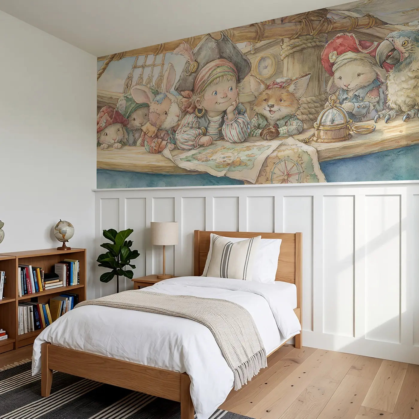 Pirate Captain Friendly Crew Wainscoting Wallpaper styled in a kids bedroom by Whimsy Tots