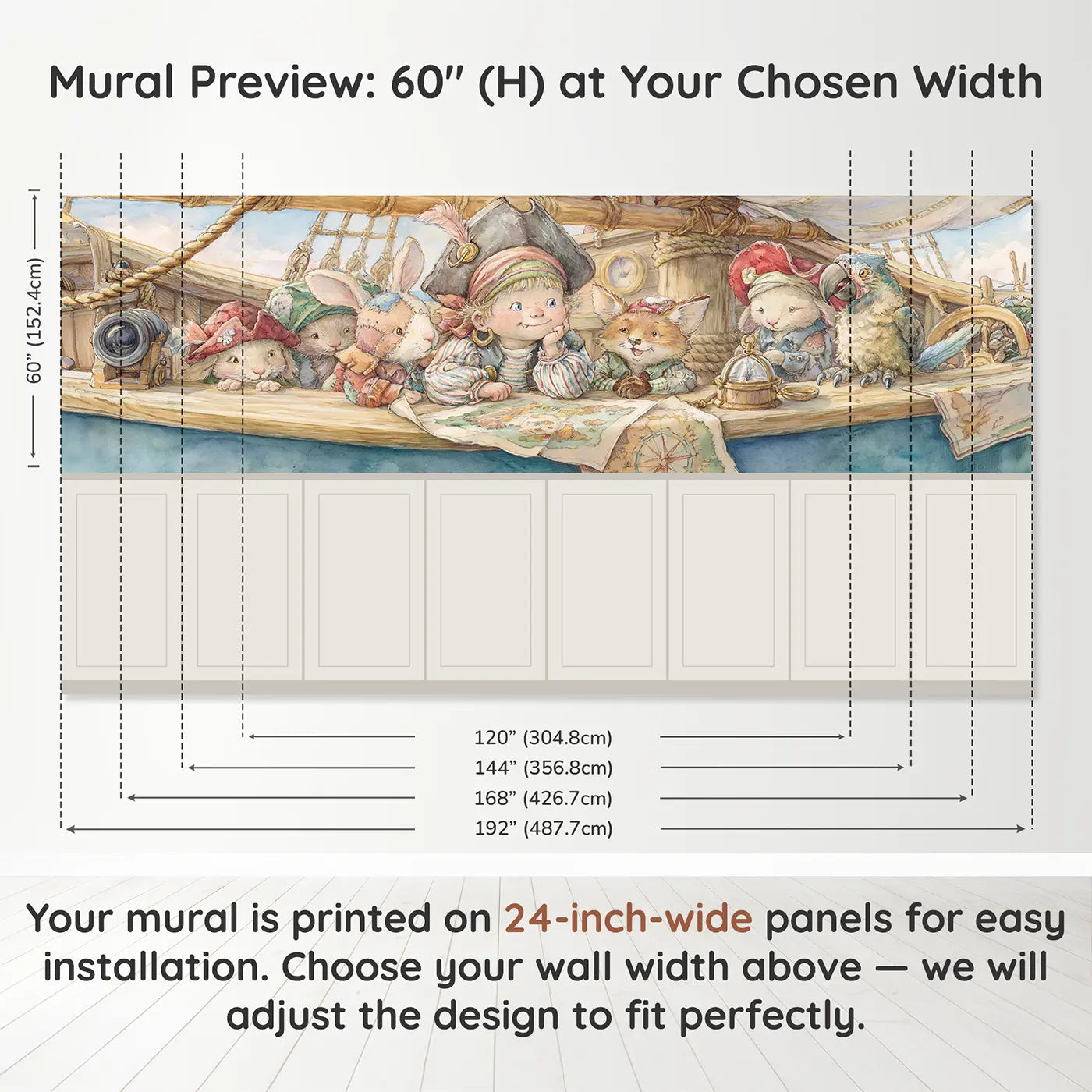 Panel dimensions for Pirate Captain Friendly Crew Wainscoting Wallpaper by Whimsy Tots