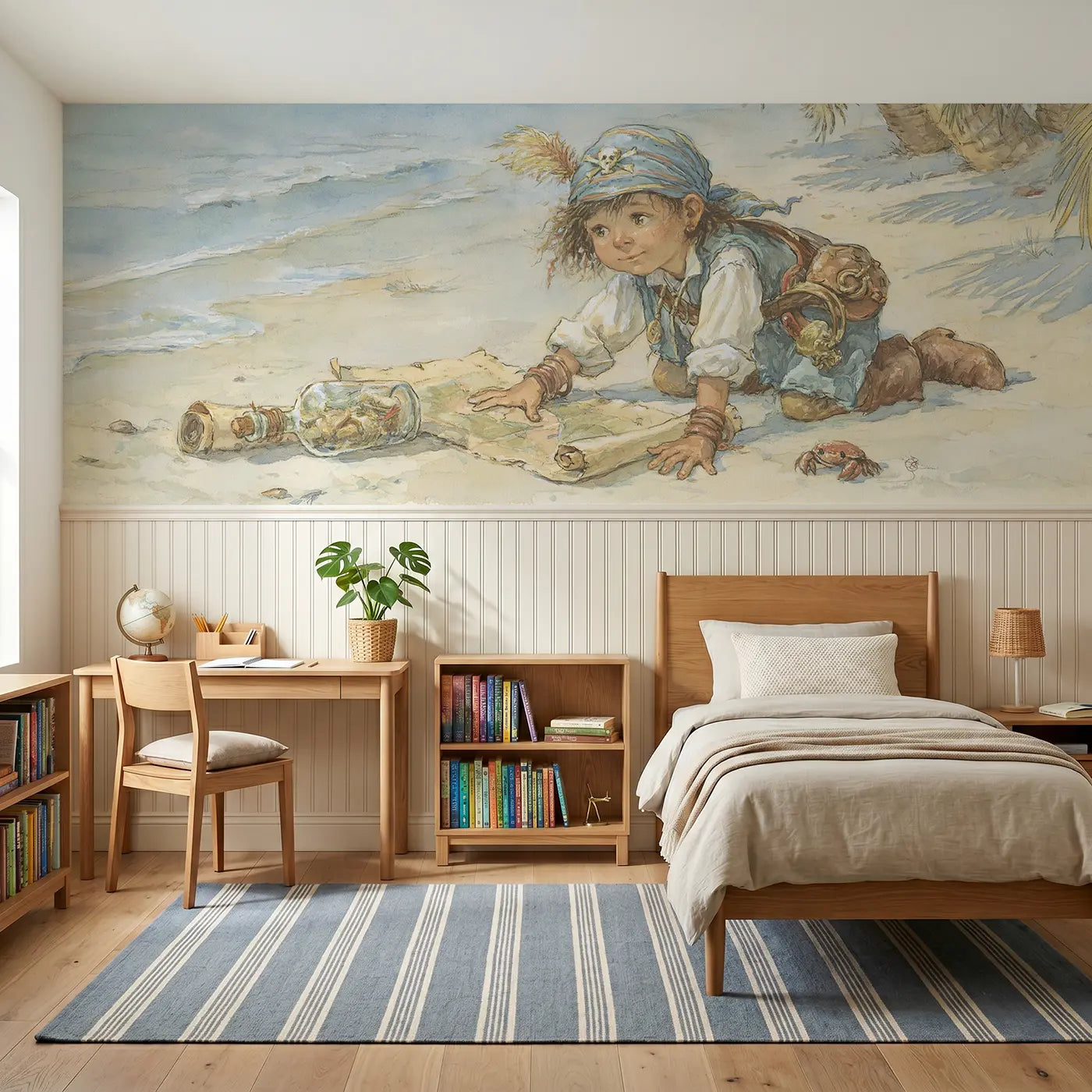 Storybook pirate message bottle find wainscoting wallpaper for bedroom by Whimsy Tots.