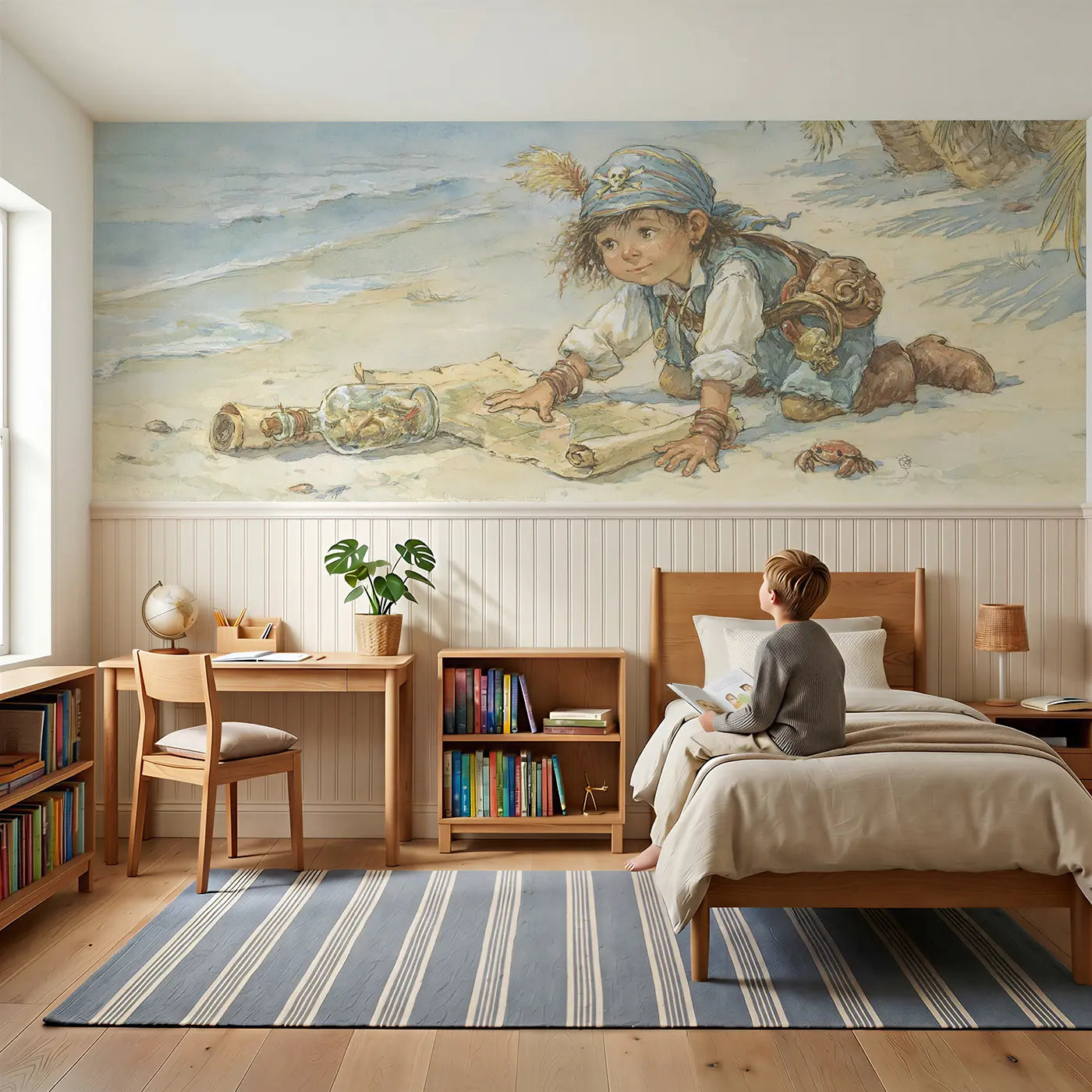Child reading near Pirate Message Bottle Find Wainscoting Wallpaper by Whimsy Tots