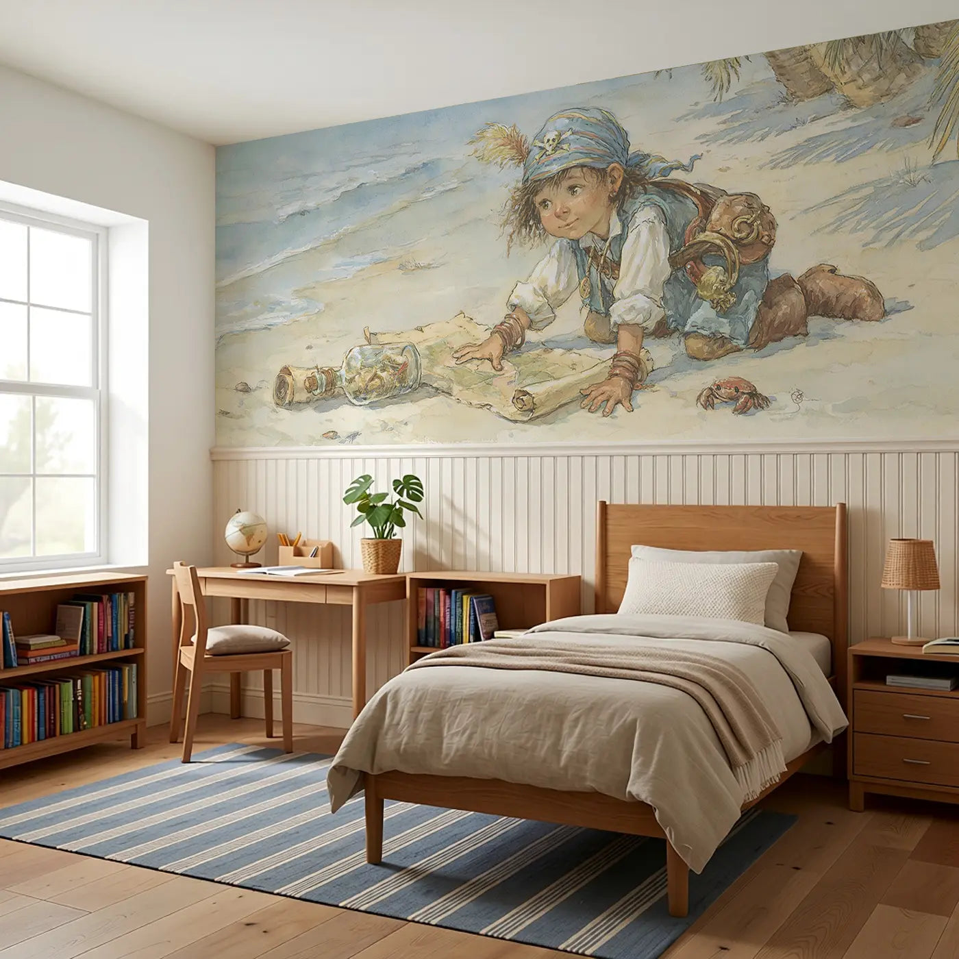 Pirate Message Bottle Find Wainscoting Wallpaper styled in a kids bedroom by Whimsy Tots