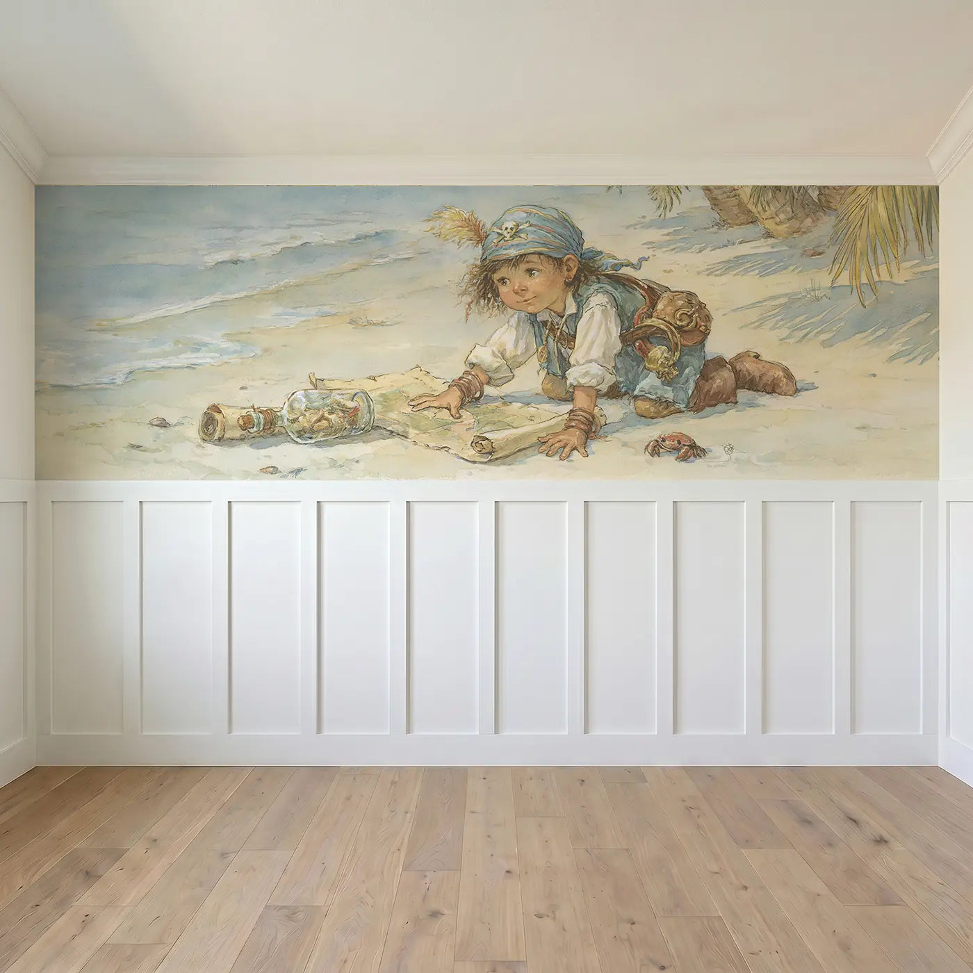 Full panel view of Pirate Message Bottle Find Wainscoting Wallpaper by Whimsy Tots