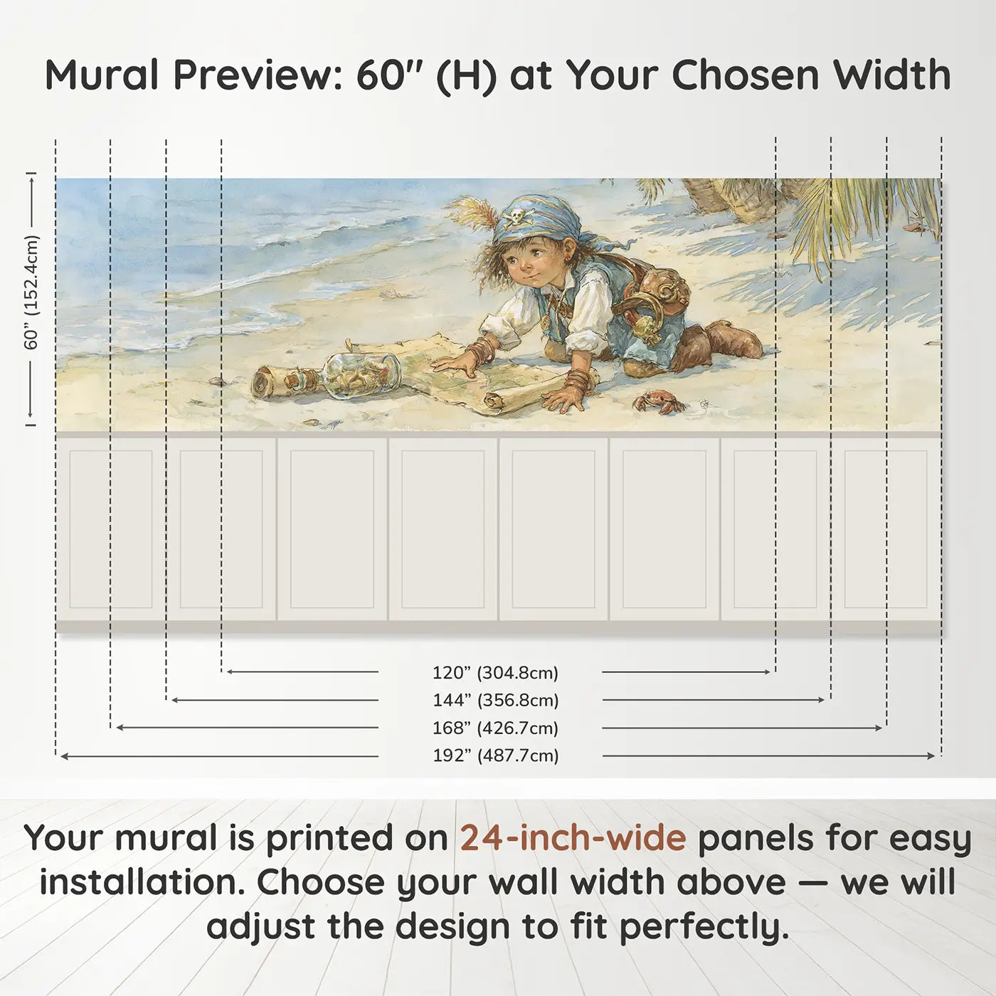 Panel dimensions for Pirate Message Bottle Find Wainscoting Wallpaper by Whimsy Tots