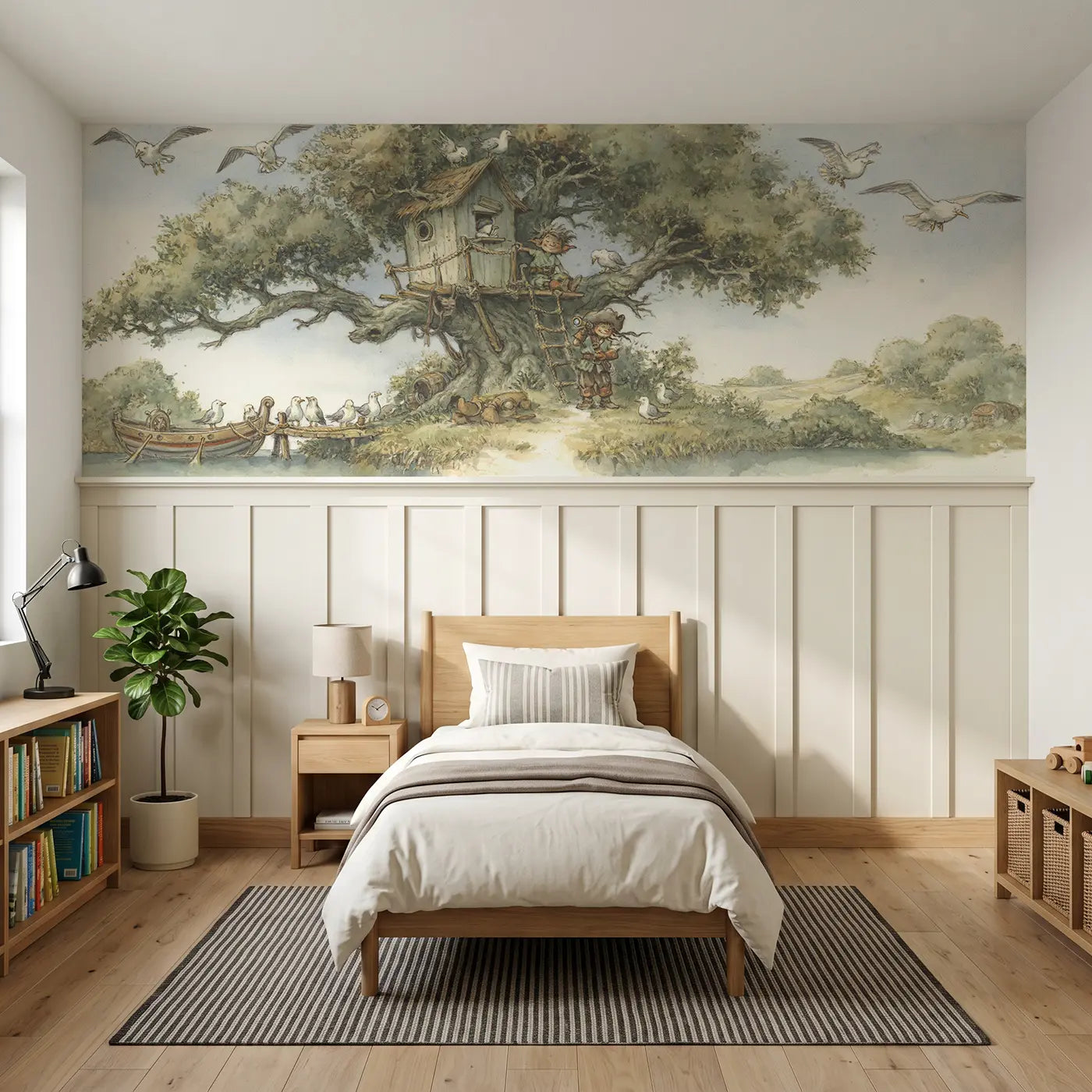 Storybook pirate tree fort lookout wainscoting wallpaper for bedroom by Whimsy Tots.