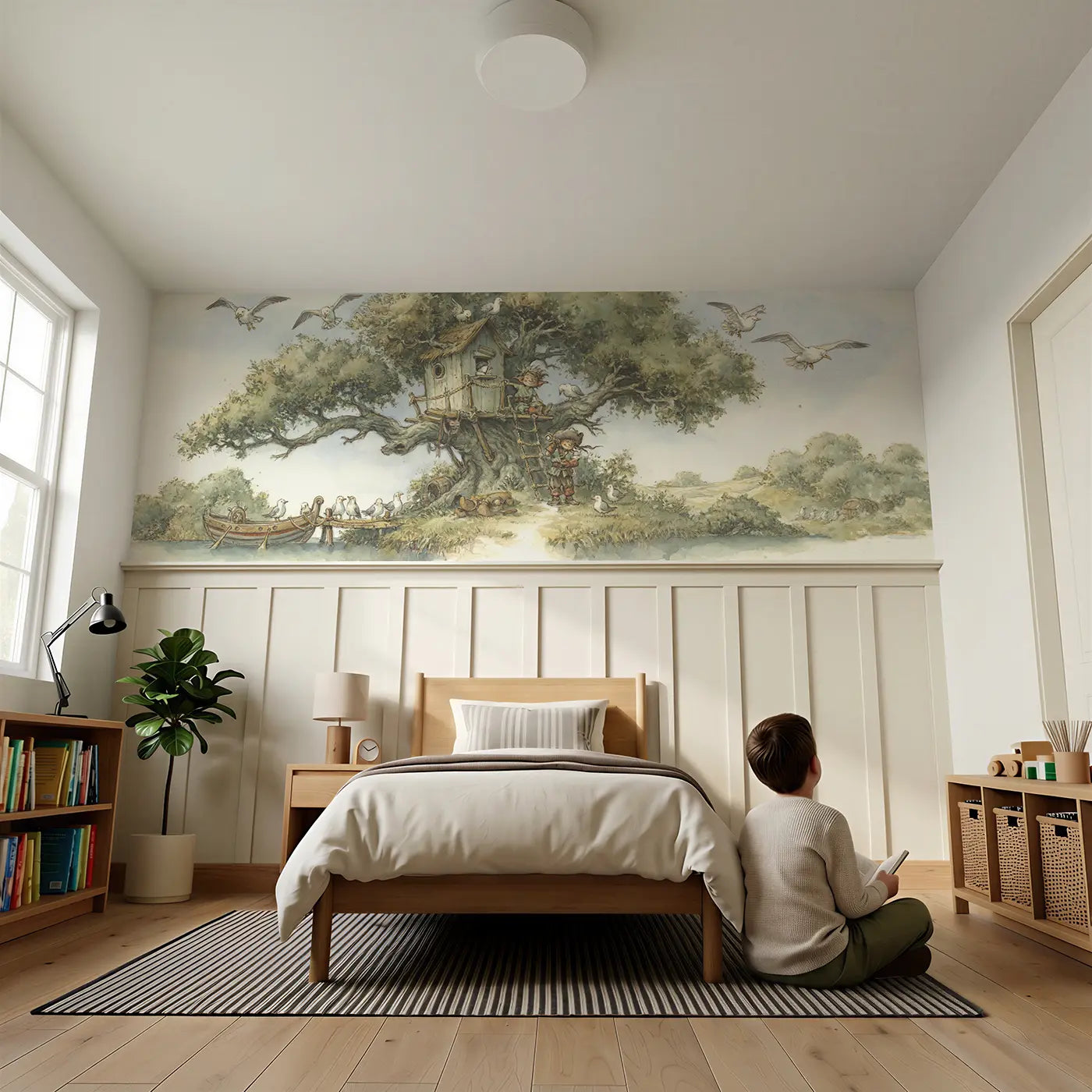 Child reading near Pirate Tree Fort Lookout Wainscoting Wallpaper by Whimsy Tots