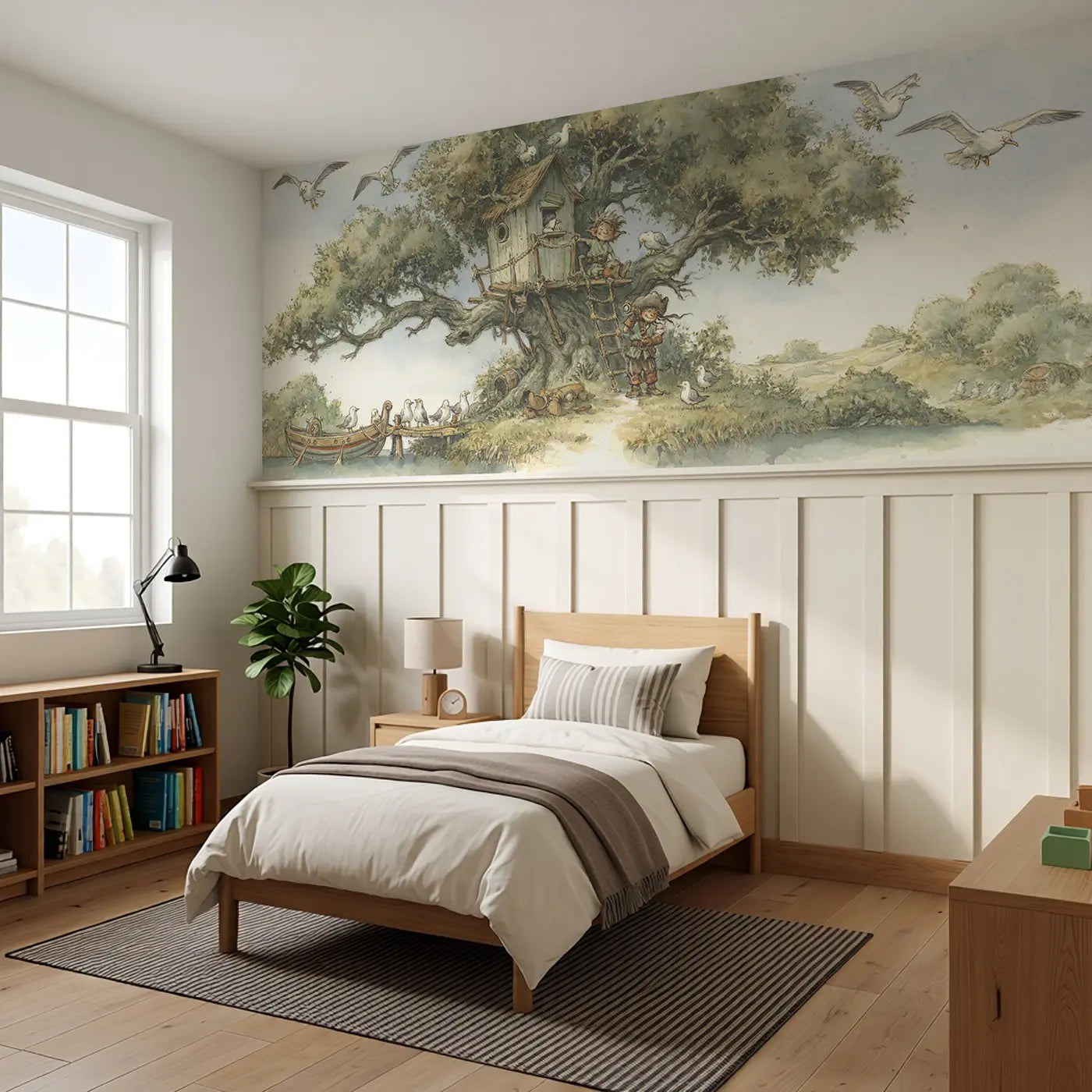 Pirate Tree Fort Lookout Wainscoting Wallpaper styled in a kids bedroom by Whimsy Tots