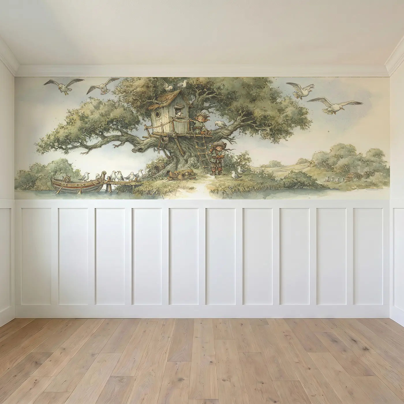 Full panel view of Pirate Tree Fort Lookout Wainscoting Wallpaper by Whimsy Tots