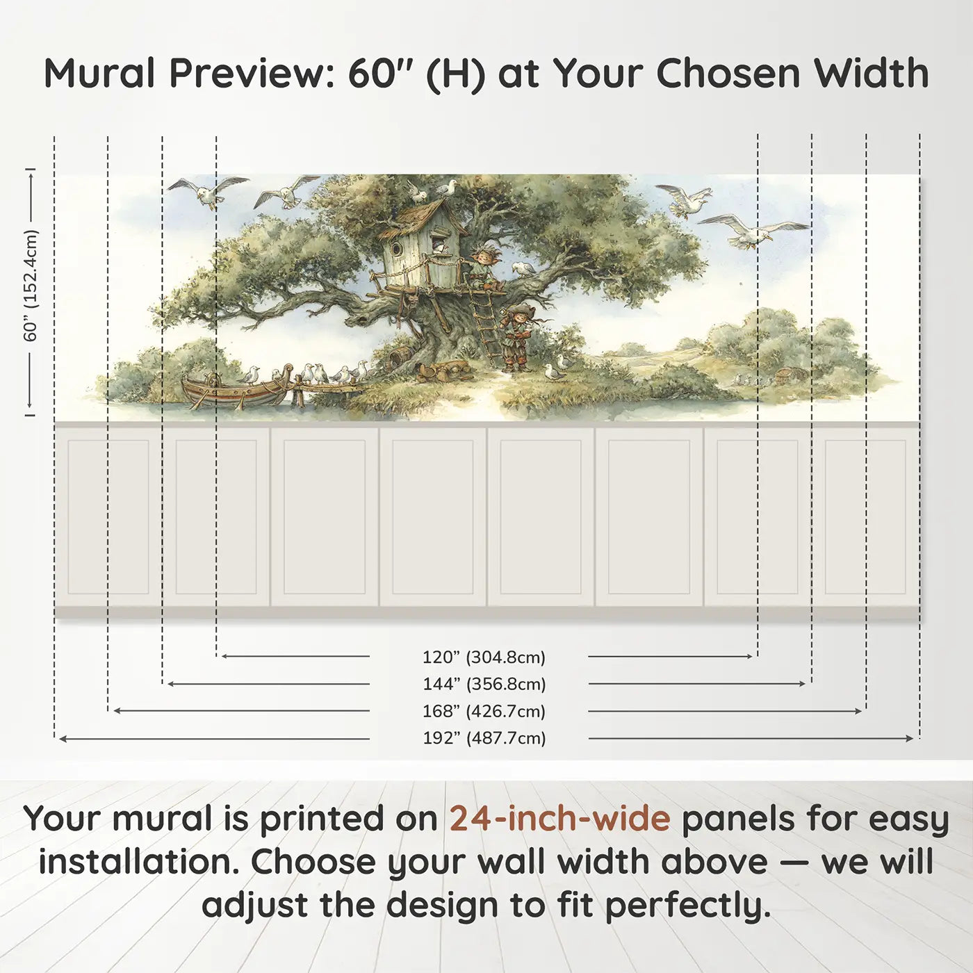 Panel dimensions for Pirate Tree Fort Lookout Wainscoting Wallpaper by Whimsy Tots