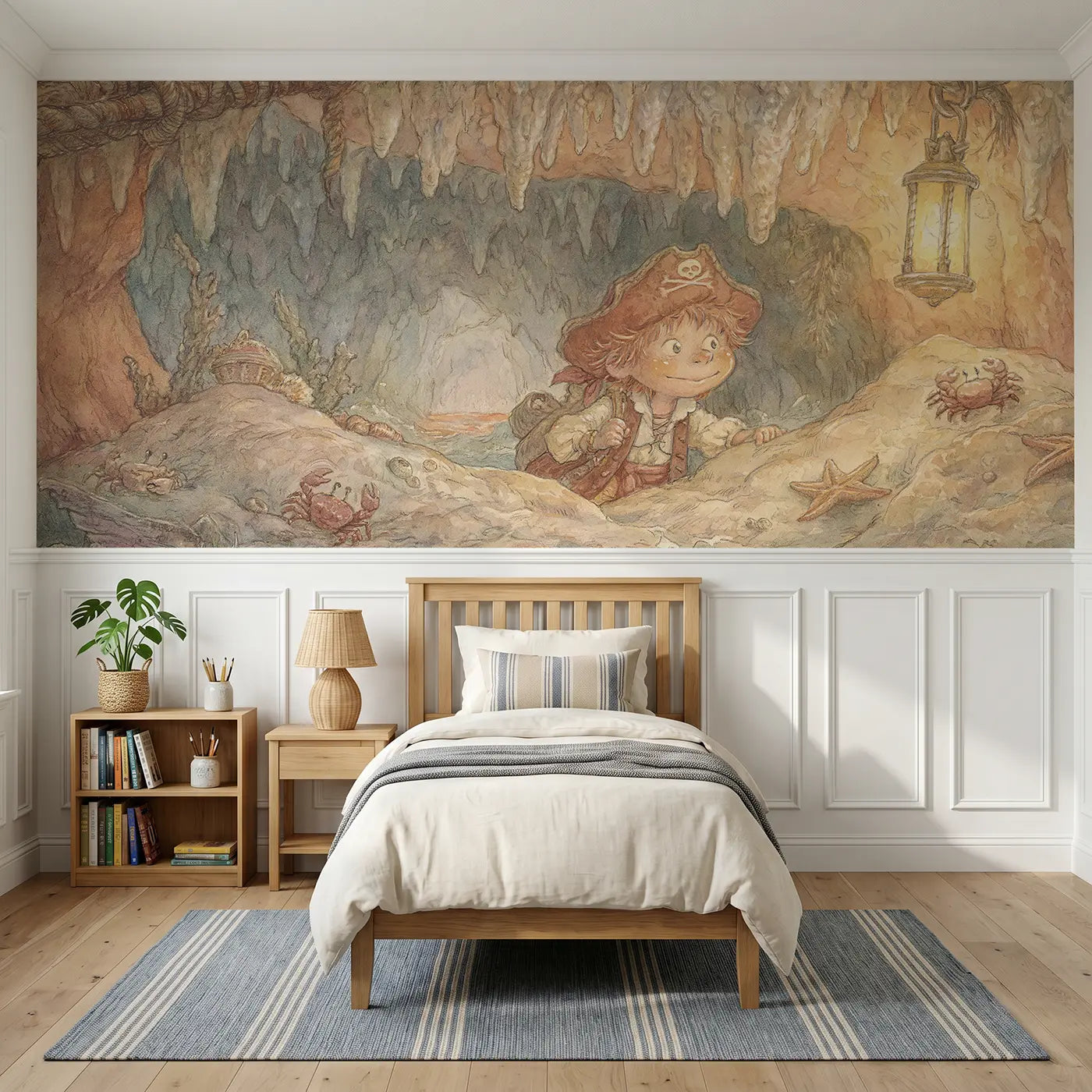 Storybook pirate cave lantern explore wainscoting wallpaper for bedroom by Whimsy Tots.