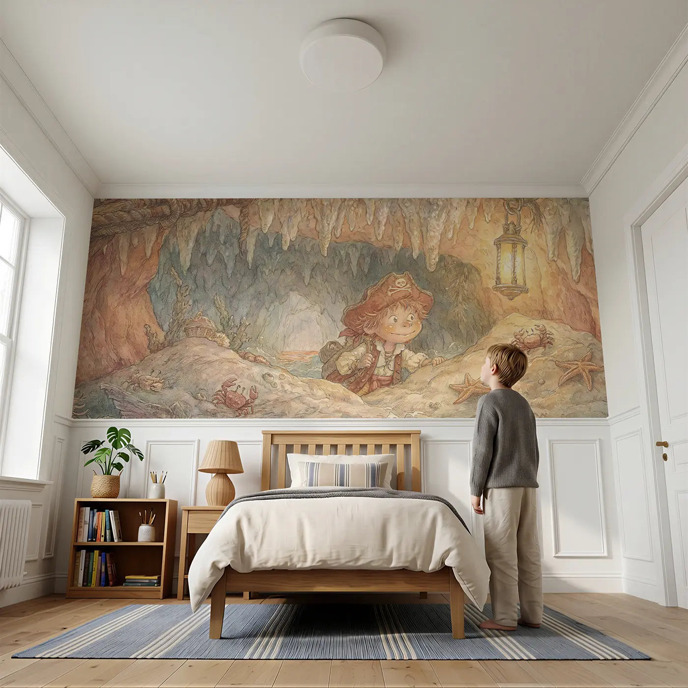 Child reading near Pirate Cave Lantern Explore Wainscoting Wallpaper by Whimsy Tots